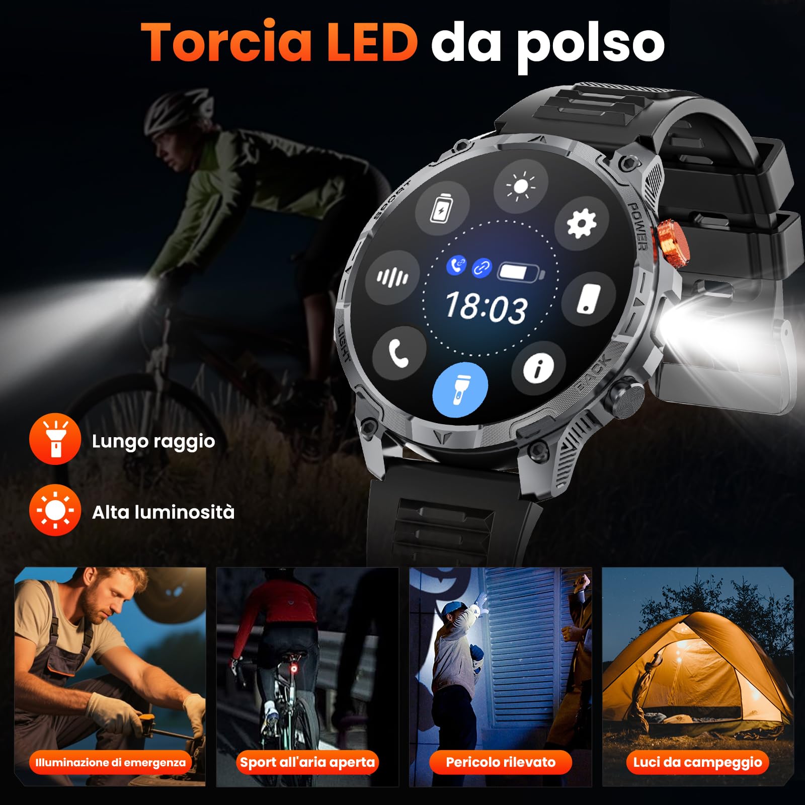 Smartwatch Uomo Militare,1000mAh Batteria 100 Giorni,1.75''HD Orologio uomo con Chiamate,Tracker Attività con 100+ Modalità Sportive,IP68 Impermeabile,Torcia,Cardiofrequenzimetro,SpO2 per Android iOS