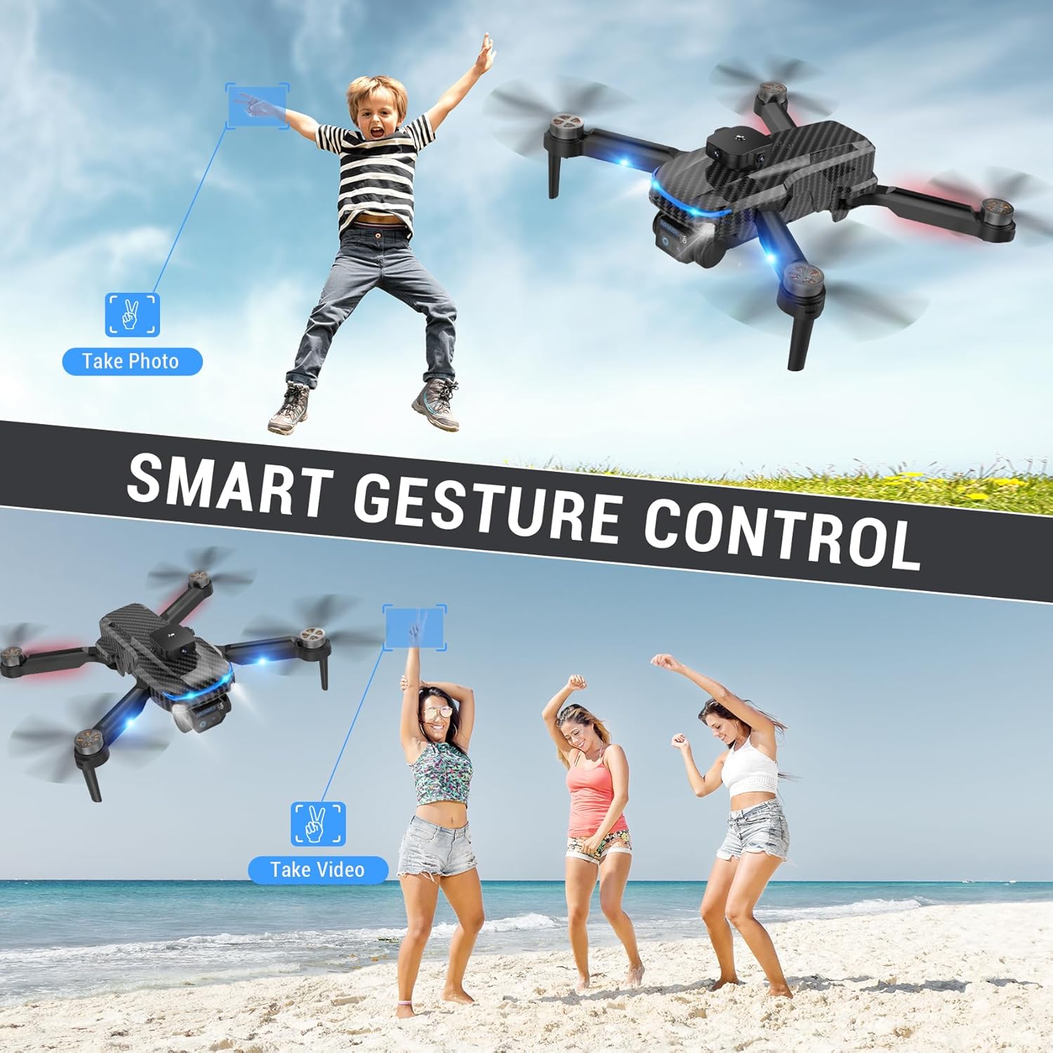 ROTAZA S118 Mini Drone's adjustable 4K camera, showing vertical and horizontal shooting capabilities.
