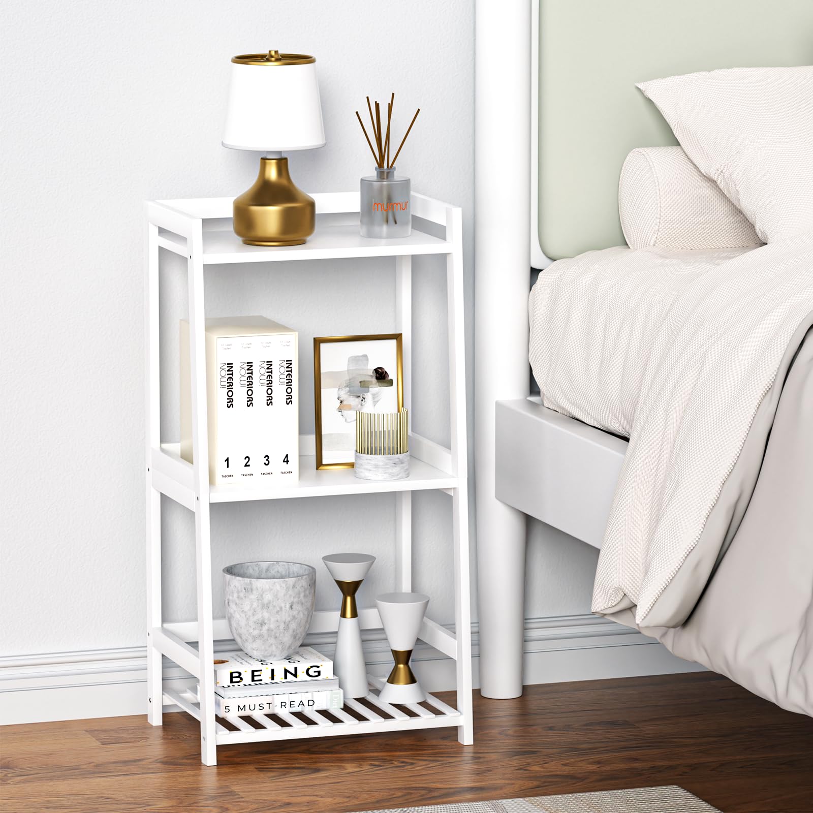 Estantes de baño de bambú de 3 niveles, estante de escalera para almacenamiento, organizador rústico para el hogar, diseño que ahorra espacio, elegante mesita de noche, solución de 4