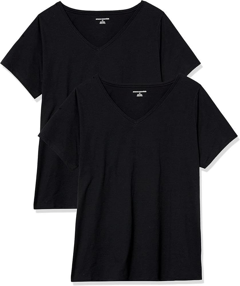 亚马逊基础款女式经典短袖V领T恤两件装