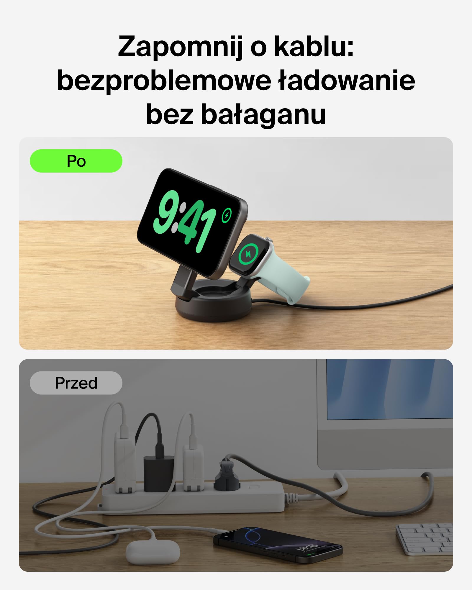 Belkin UltraCharge Pro Stacja Ładująca Qi2 2 w 1, 25 W – Czarna | Zgodna z MagSafe Bezprzewodowa Ładowarka do Urządzeń iPhone, Apple Watch i Słuchawek, Certyfikat Qi2.2, z Zasilaczem 45 W