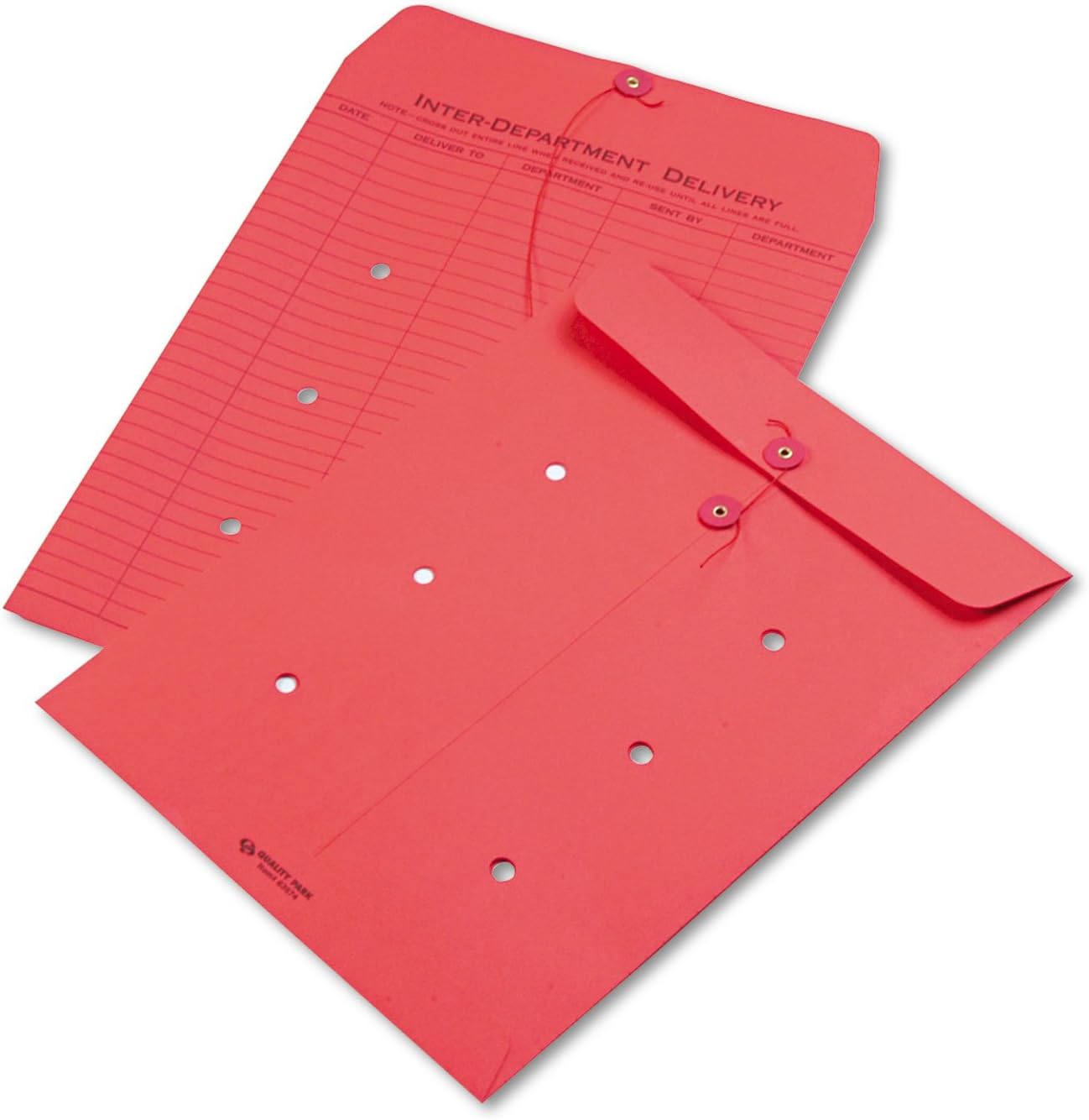 Interdepartment String & Button Closure Envelopes, 10" x 13", 1-Sided Narrow Rule, Red, Box of 100 (QUA63574)