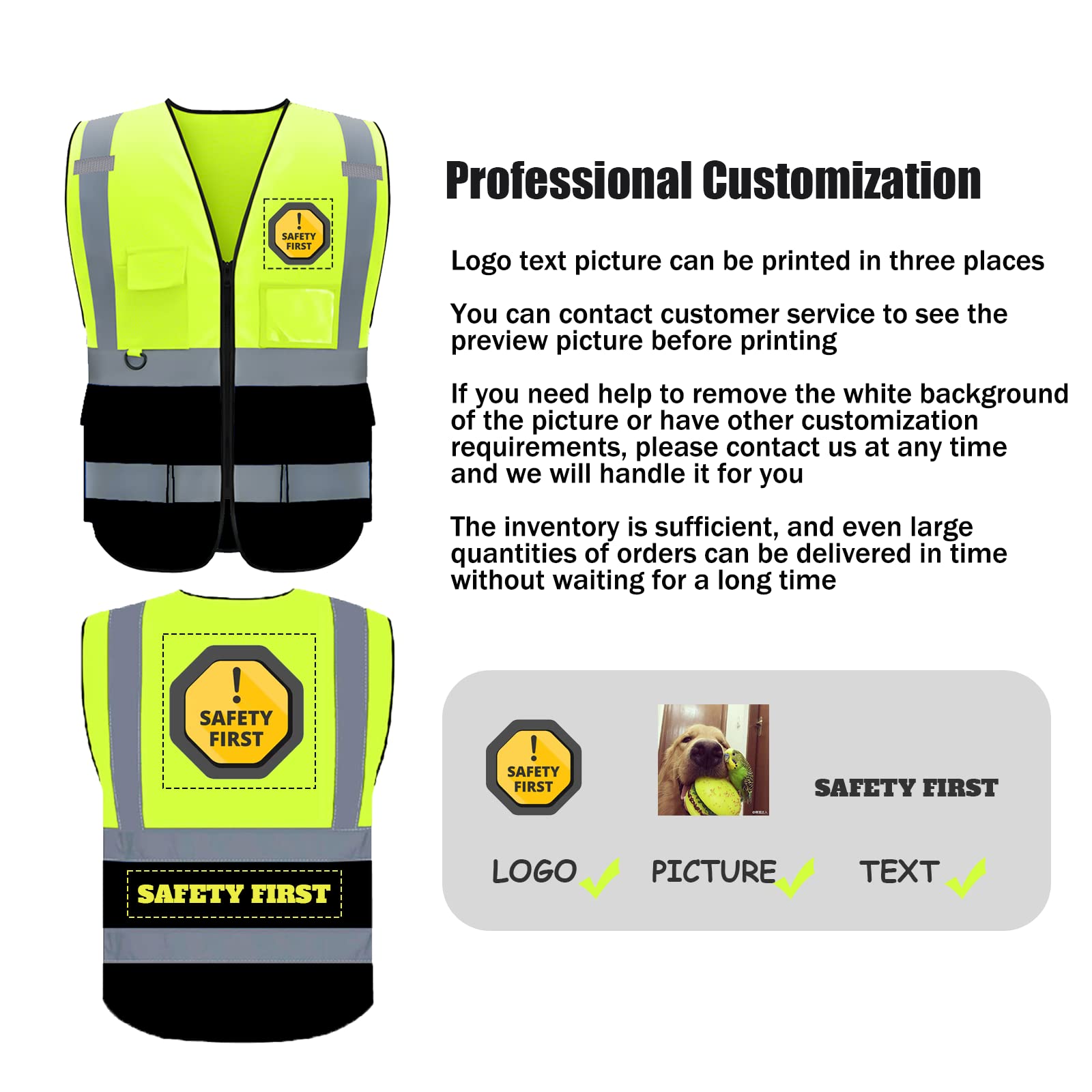 Safety Vest Custom Logo, Class 2 Personalized High Visibility Reflective Vest with 5 Pockets and Zipper,10 Pack (010YellowBlack, XXL)
