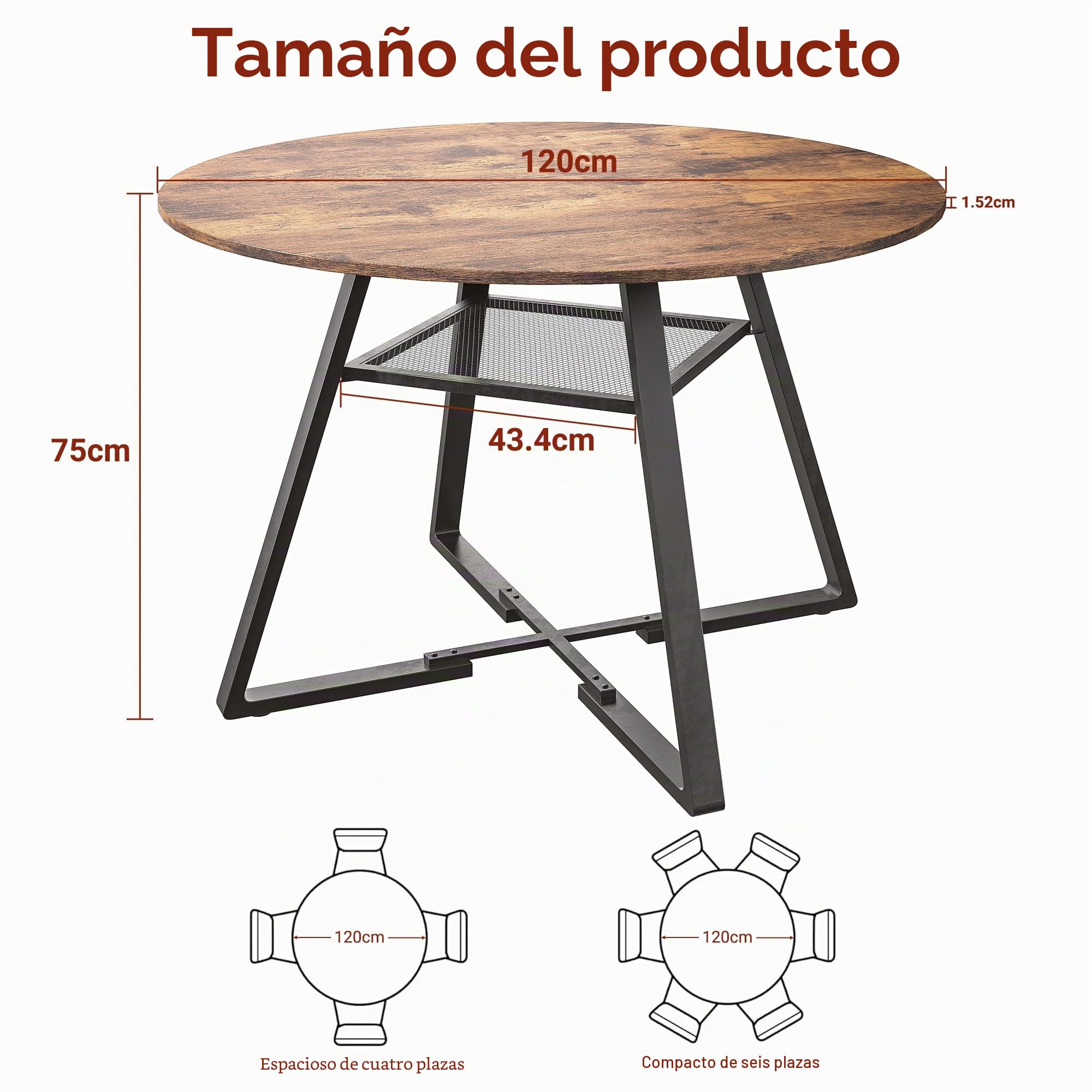 Mesa de Comedor Redonda ⌀120 cm para 4-6 Personas, Mesa de Cocina Madera con Estante y Marco Metálica para Comedor o Salón, Estilo Industrial