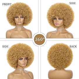 JSDshine Afro Wig For Women - Blonde Soft 70s Afro Kinky Curly Hair Wigs With Bangs Natural Looking Short Afro Curly Wig Bouncy Brown Puff Synthetic Hair Wig For Daily Party Use