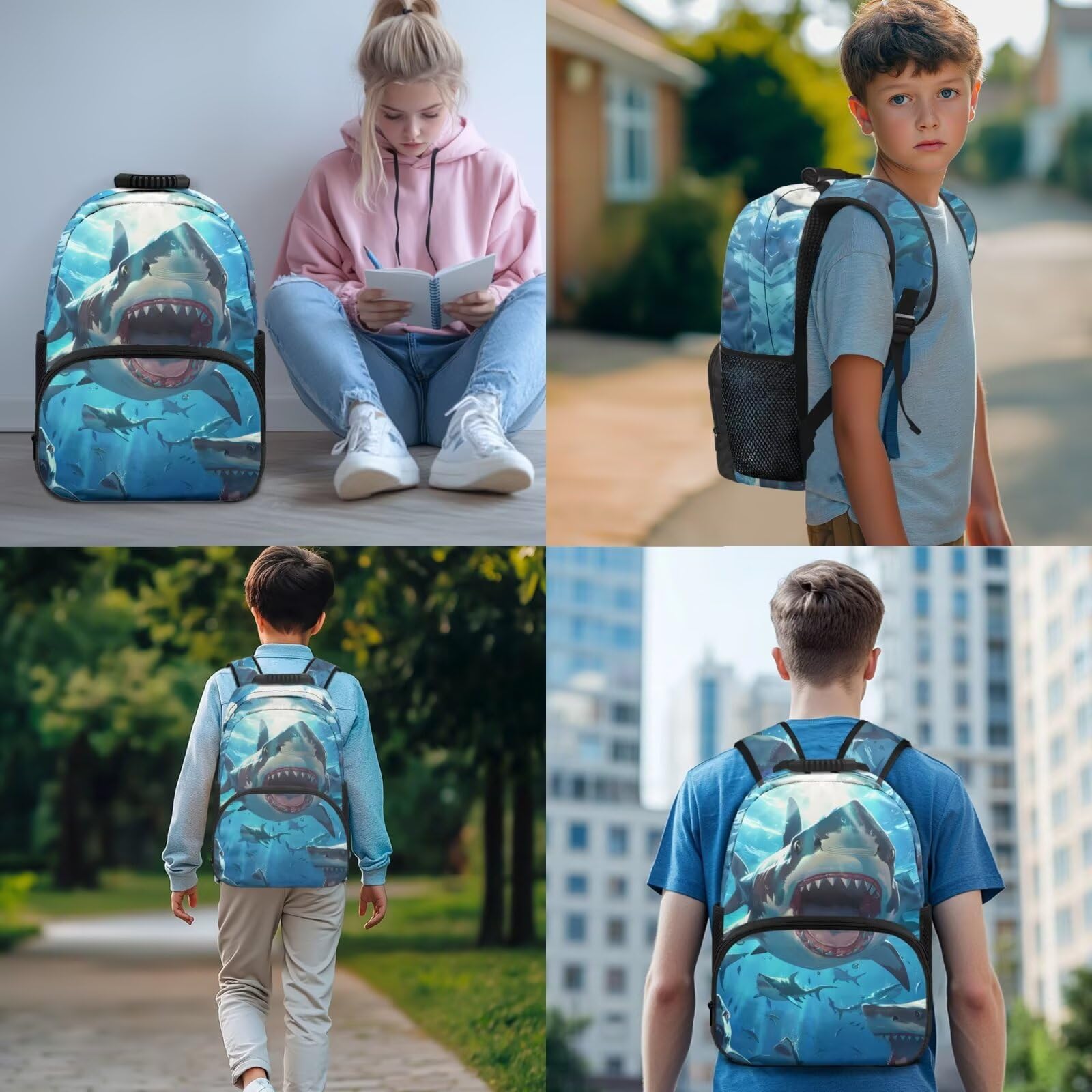 Dolyues Rucksack und Lunchbox-Set für Jungen, 4. Klasse, Schulrucksäcke für Grundschulkinder, Büchertaschen, Alter 8–10 Jahre, 4-teilig, hai, Tagesrucksack