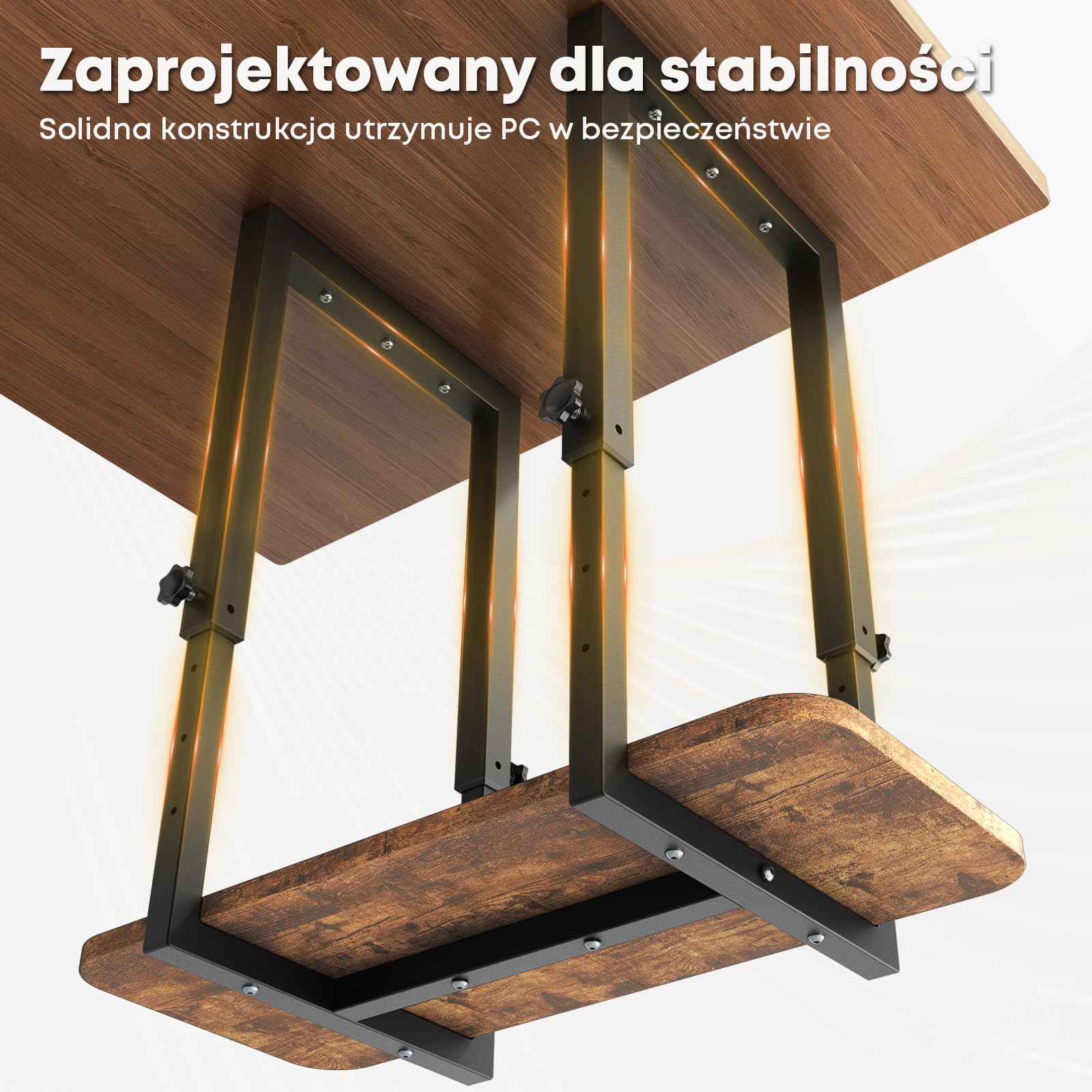 Solidny uchwyt PC pod biurko, regulowana wysokość – Uchwyt na obudowę PC, oszczędność miejsca, maksymalna waga 30 kg, Czarny & rustykalny brąz