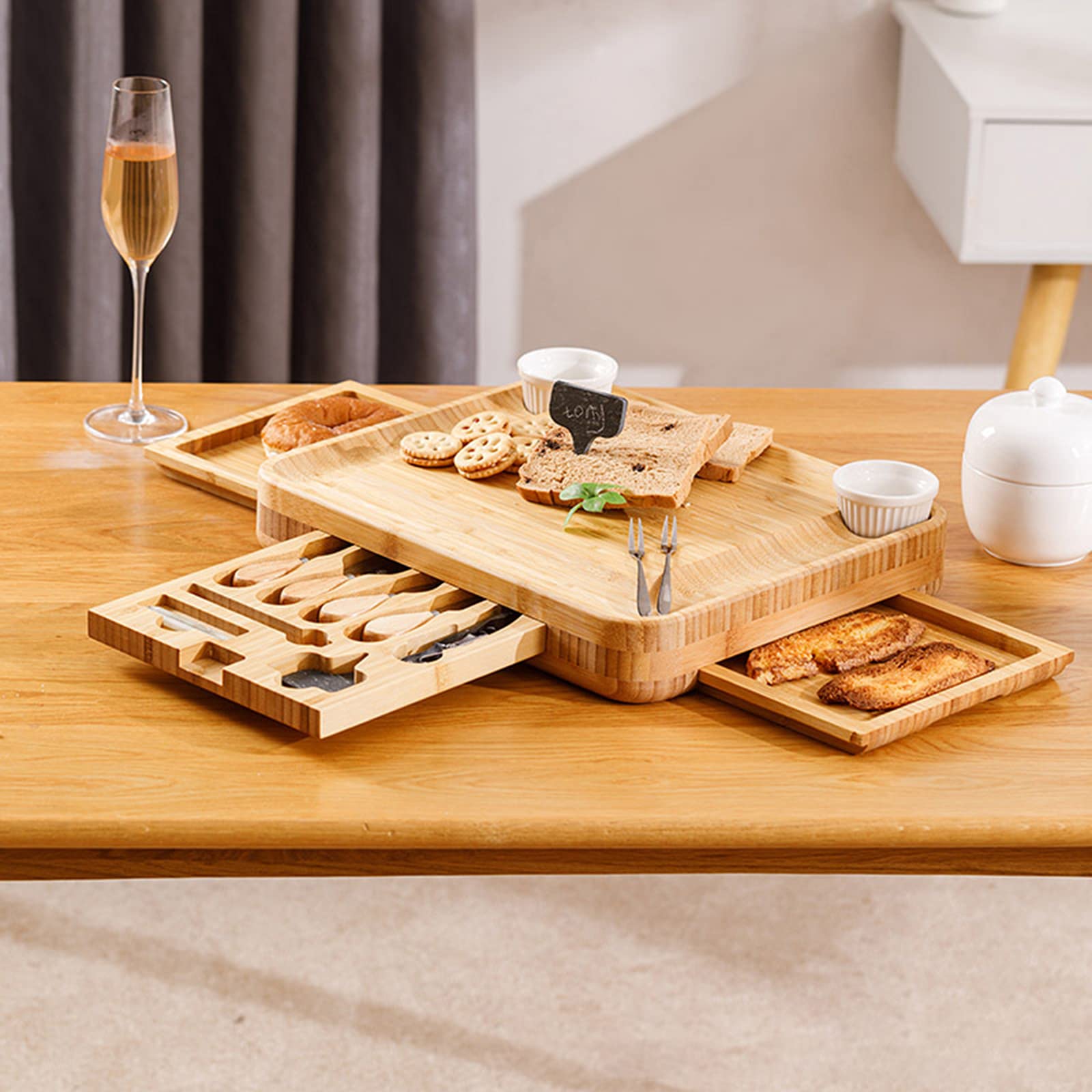 AIZYR Ensemble De Plateau De Fromages - Plateau De Service De Planche À Charcuterie en Bois avec 3 Tiroirs Coulissants Cachés pour Mariage, Cadeau d'anniversaire