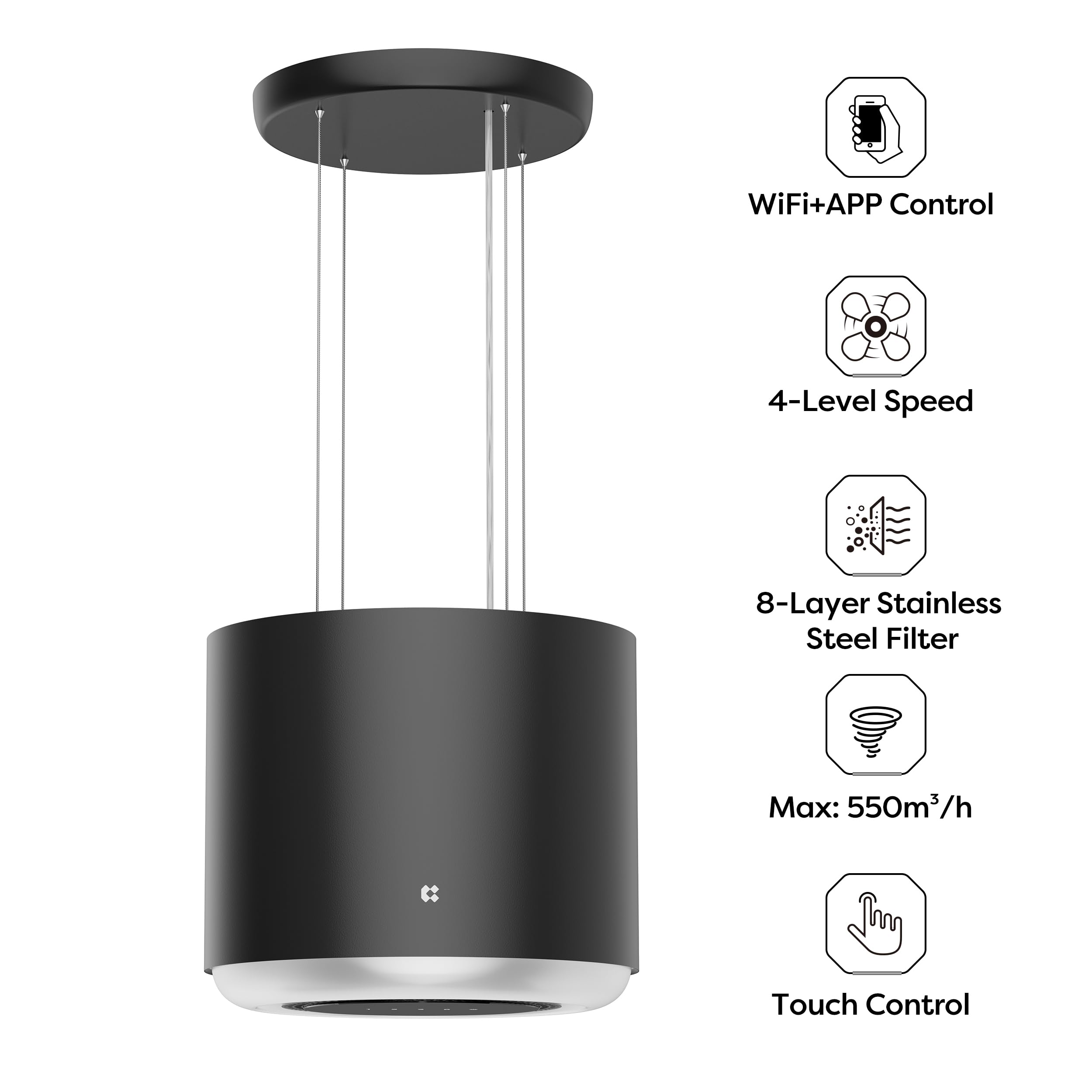 Ciarra CBCB4838 A+ Inselhaube Freihängend 550m³/h Smart Wi-Fi App 4 Stufen Booster Umluft Dunstabzugshaube Schwarz