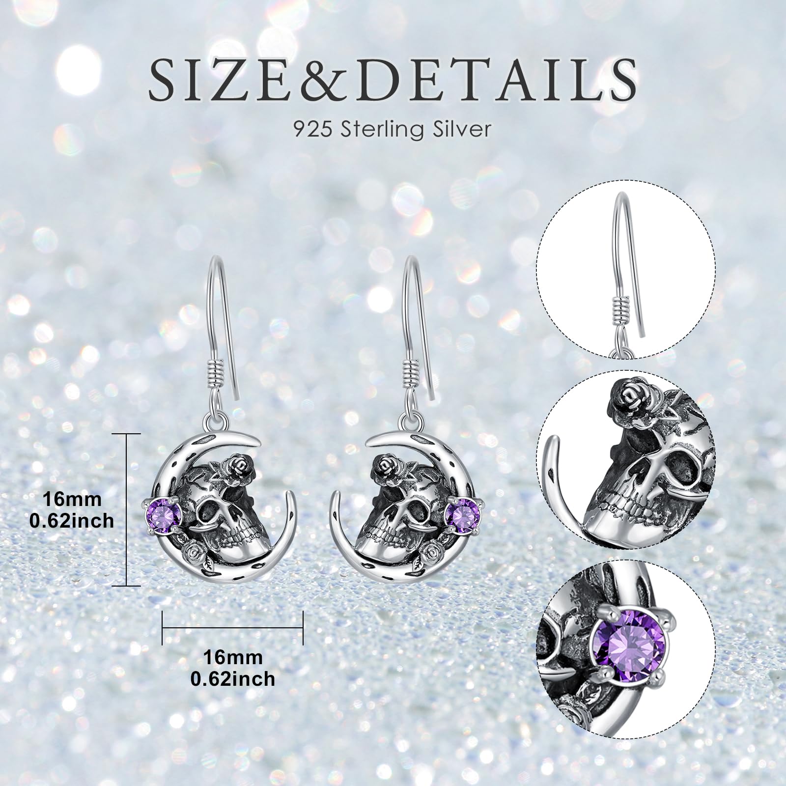 Gothic Moon Skull Rose Drop Earrings, 925 Sterling Silver Natural Amethyst Dangle Earrings, Punk Vintage Jewelry Unique Gift for Women