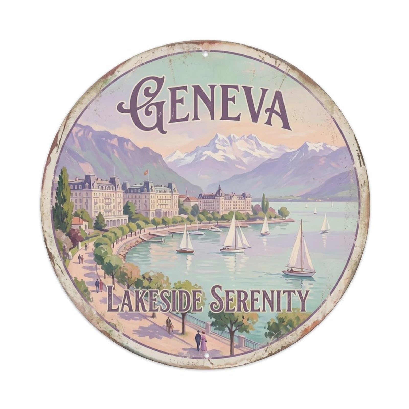 Gtthok Vintage Style-28 Vintage Travel Geneva Lakeside Serenity Metal Tin Sign Plaque Wall Decor For Cafe, Club, Garden Round Metal Poster 8X8inch
