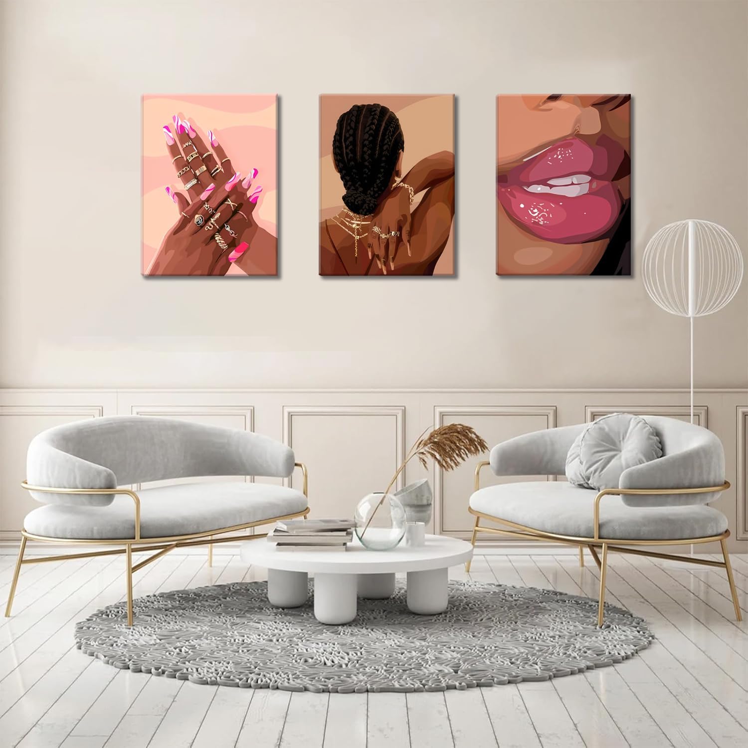 Black Girl Pink Wall Art Set of 3 African American Black Women Canvas Posters Fashion Black Girl Wall Decor Pictures Prints for Home Living Room Bedroom Bathroom Decoration 16x24 Inch Framed