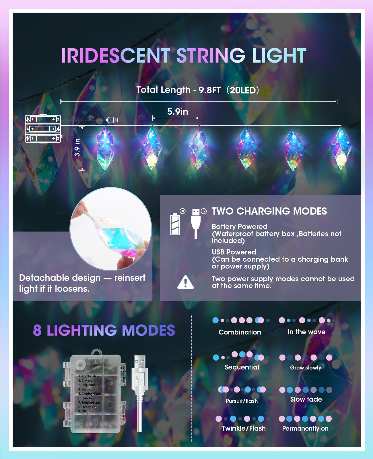 AceList Schillernde Lichterkette für den Innenbereich, 20 LEDs, holografische Batterie und USB-betrieben, 8 Beleuchtungsmodi, Kristall-Diamant-Lichterkette für Hochzeit, Weihnachten, Party