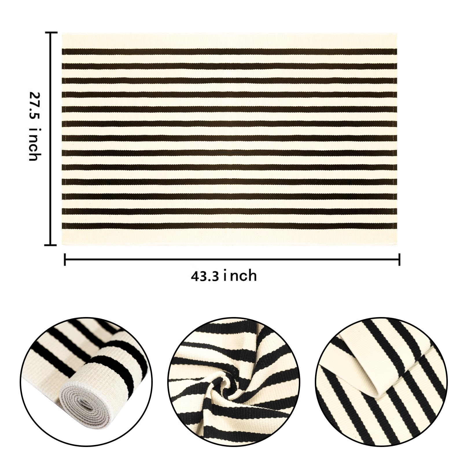 Felpudo a Rayas Negras y Beige de 70 x 100 cm, Lavable, para Interiores y