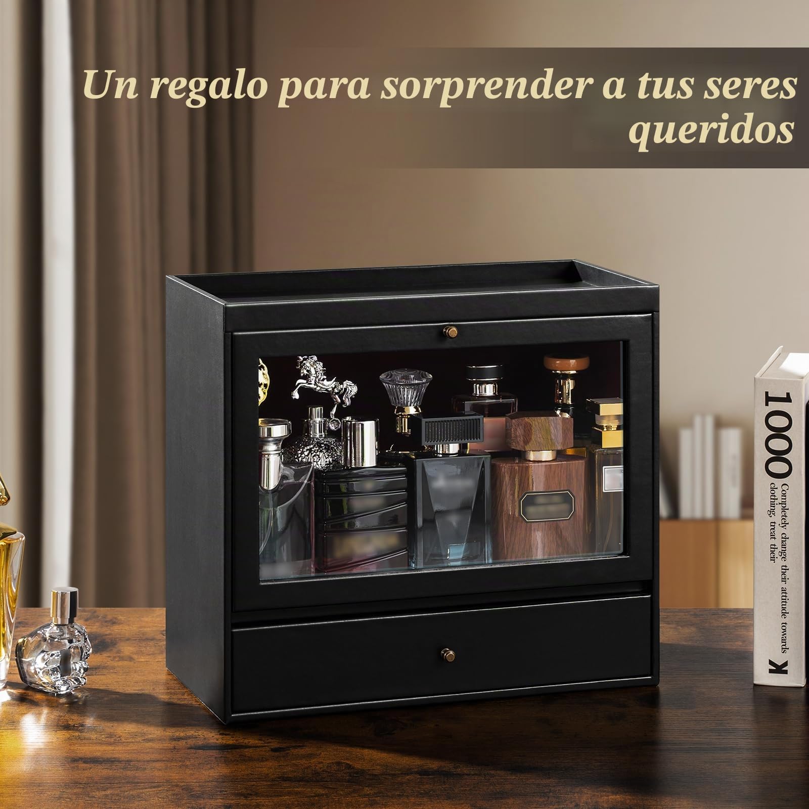 Organizador de perfume, soporte de perfume de cuero para hombre con cajón, estante para perfume con tapa transparente visible, caja de almacenamiento premium para fragancias, cosméticos y