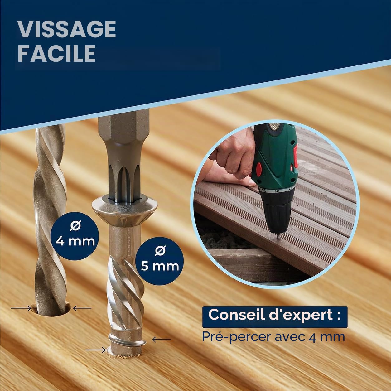 Vis terrasse inox C1 vis à bois Torx TX tête fraisée vis bois extérieur vis inox terrasse 5x5 mm – 1000 pcs