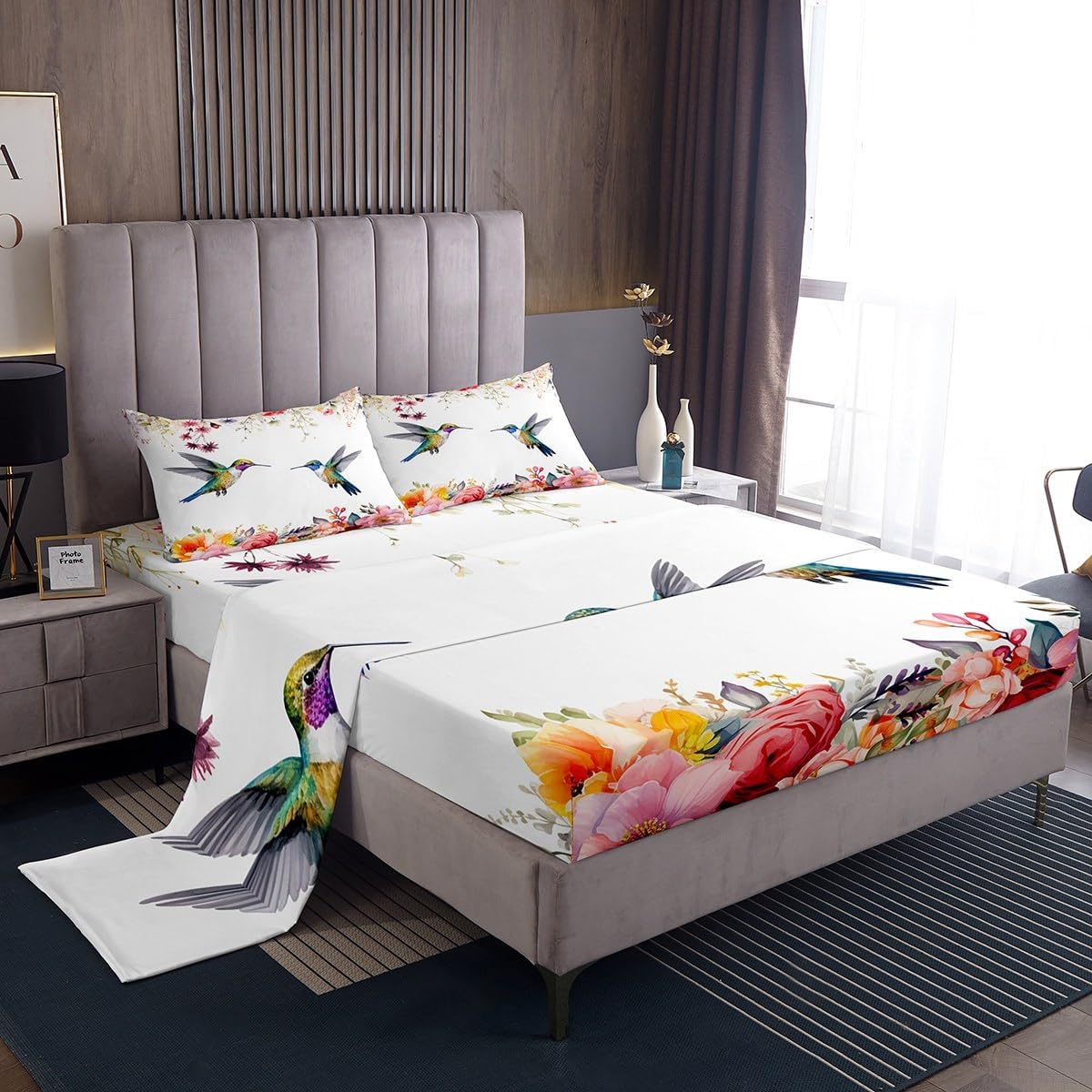 Hummingbird Sheet Set King Size Tropical Birds Sheets with Deep Pocket Fitted Sheet Hummingbird Flowers Bed Sheets Set Breathable Farmhouse Garden Bedding Set Blossoming Iris Flowers Bed Sheets Set