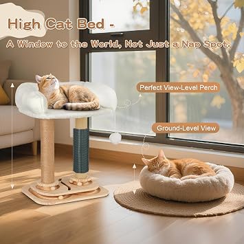 Cat Scratching Post with Bed, 4-in-1 Small Cat Tree Tower | Sisal Scratcher, Elevated Washable Bed, Track Ball Toy, Built-in Self-Groomer