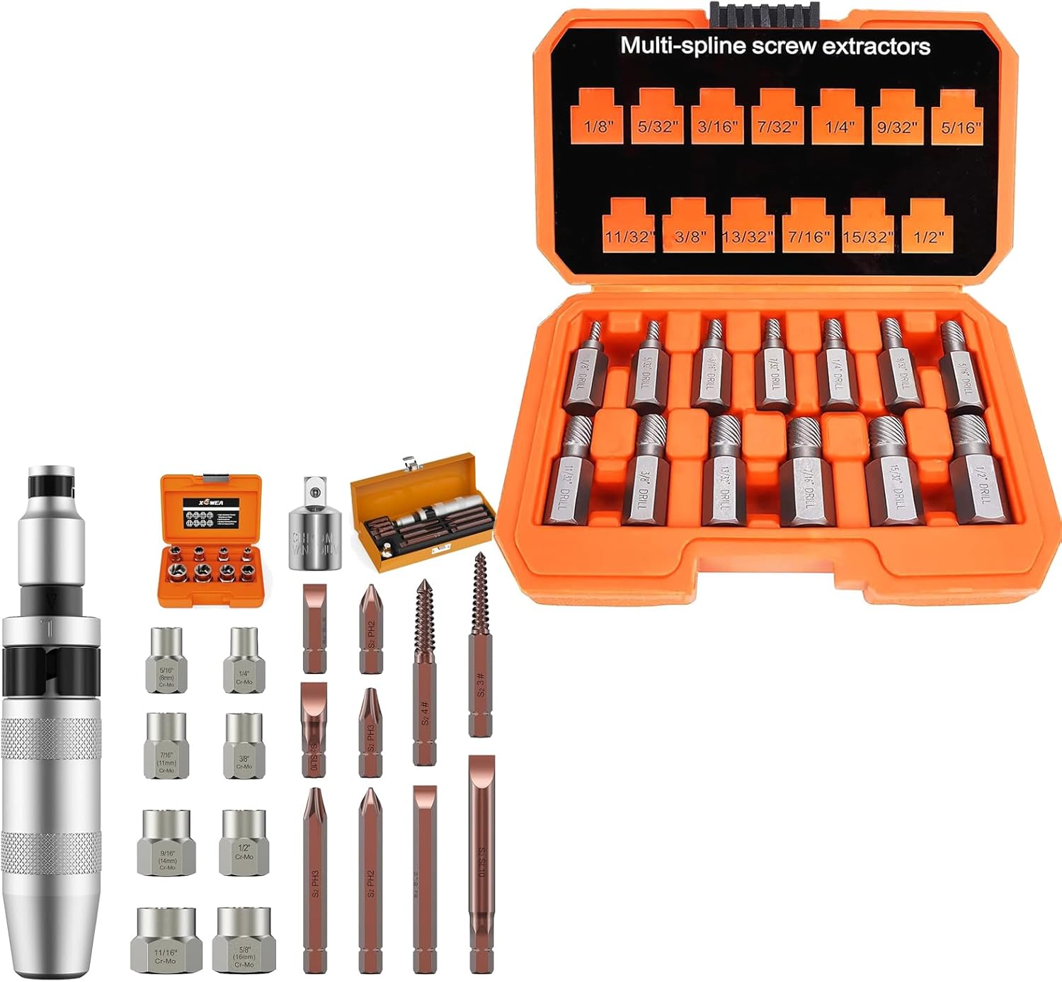 XEWEA 12PCS 3/8" Hand Manual Reversible Impact Driver & 8PCS 3/8" Bolt Extractor & 13Pcs Screw Extractor Set Hex Head Multi-Spline Easy Out for for Removing Damaged, Rusted Screw Bolt