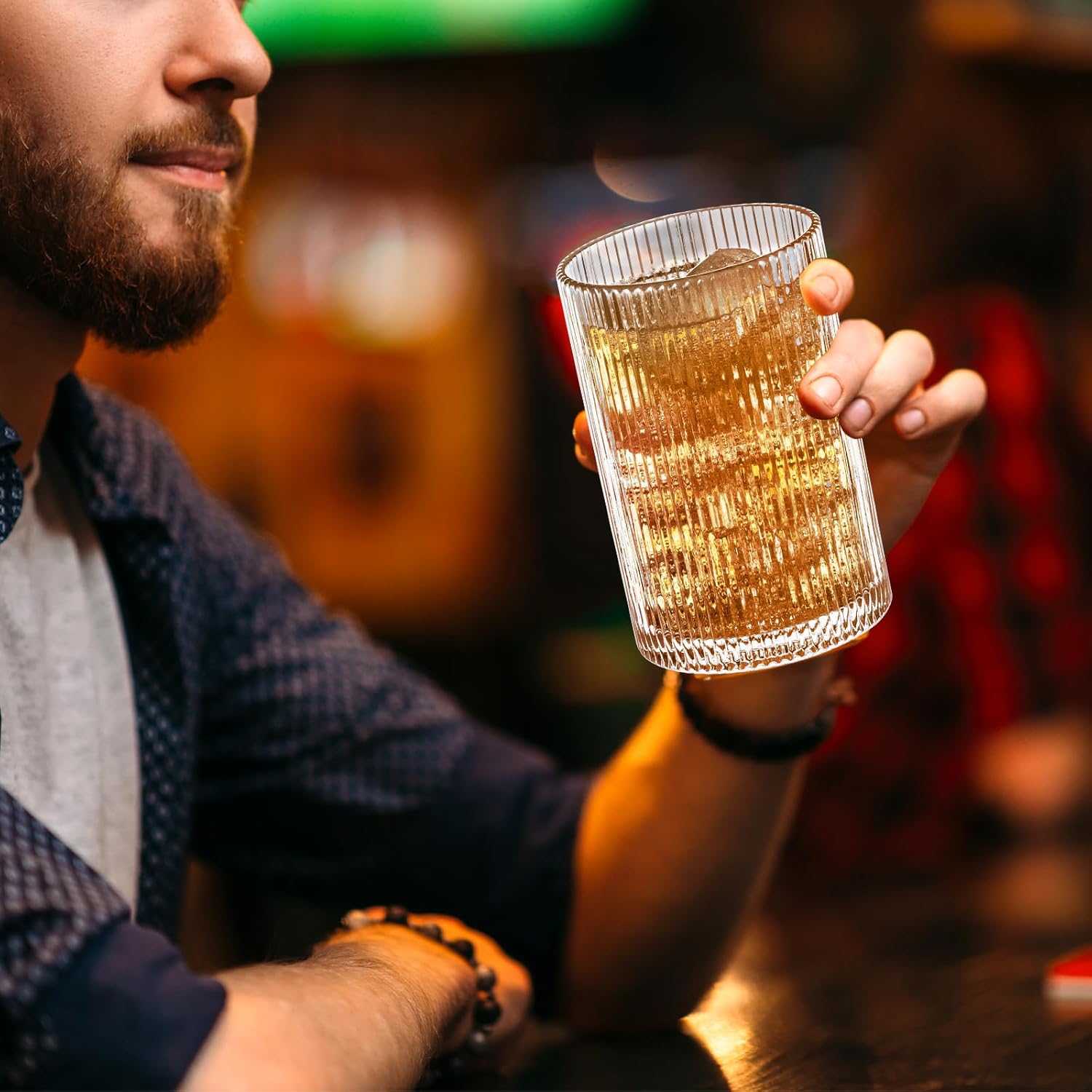 INSETLAN 17oz Ribbed Glassware Set of 4, Glass Cups Large Vintage Glassware Set, Origami Style Cocktail Glasses, Ideal for Beer, Juice, Water, Ice Coffee Cup, Whiskey - Image 9