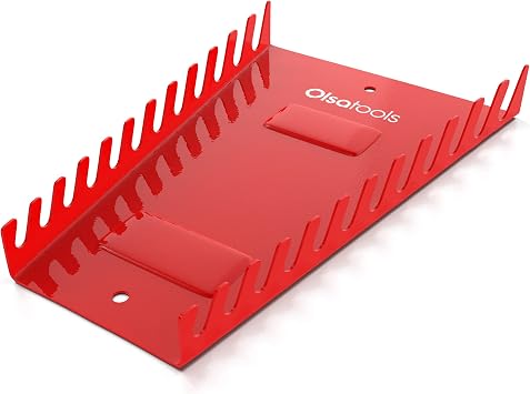 Olsa Tools 12-Piece Magnetic Wrench Organizer - Wall-Mounted Stubby Rack - Red Tool Tray Holds SAE & Metric Sizes - Professional-Grade Storage Solution - Part 1480