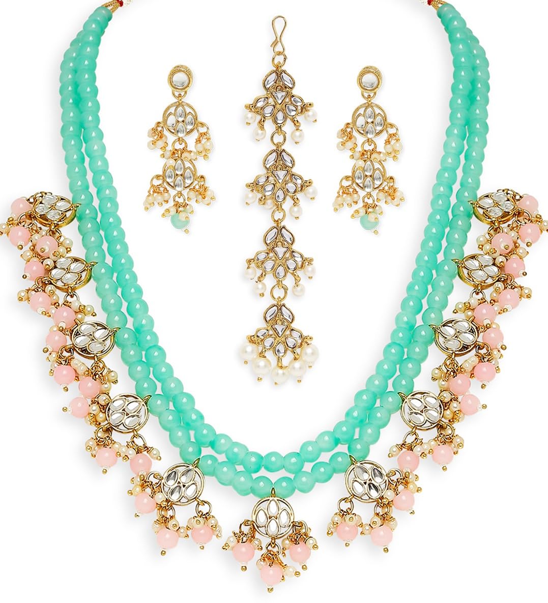 fabulaJewellery Mint Green & Pink Beads & Kundan Multi Layer Mala Long Necklace Set with Drop Earrings & Maangtikka For Women & Girls Stylish Latest (NEVM28MTDP14_AFR1)