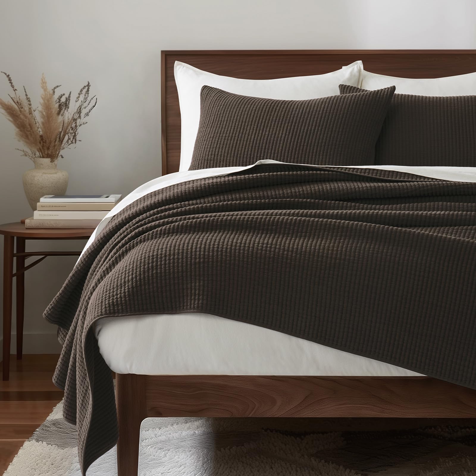 EverGrace Cotton Ribbed Matelassé Coverlet Set, King Size, Dark Brown