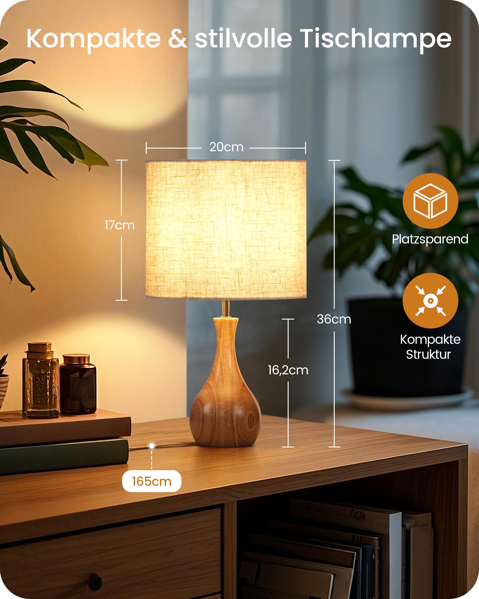 Nachttischlampe aus Holz 2er Set, Moderne Tischlampe Wohnzimmer, Beige Nachttischlampe mit Kabel, Fensterbank Lampe, E27 2700K Birne, für Schlafzimmer, Nachttisch, Hotel ZME09TLDP205