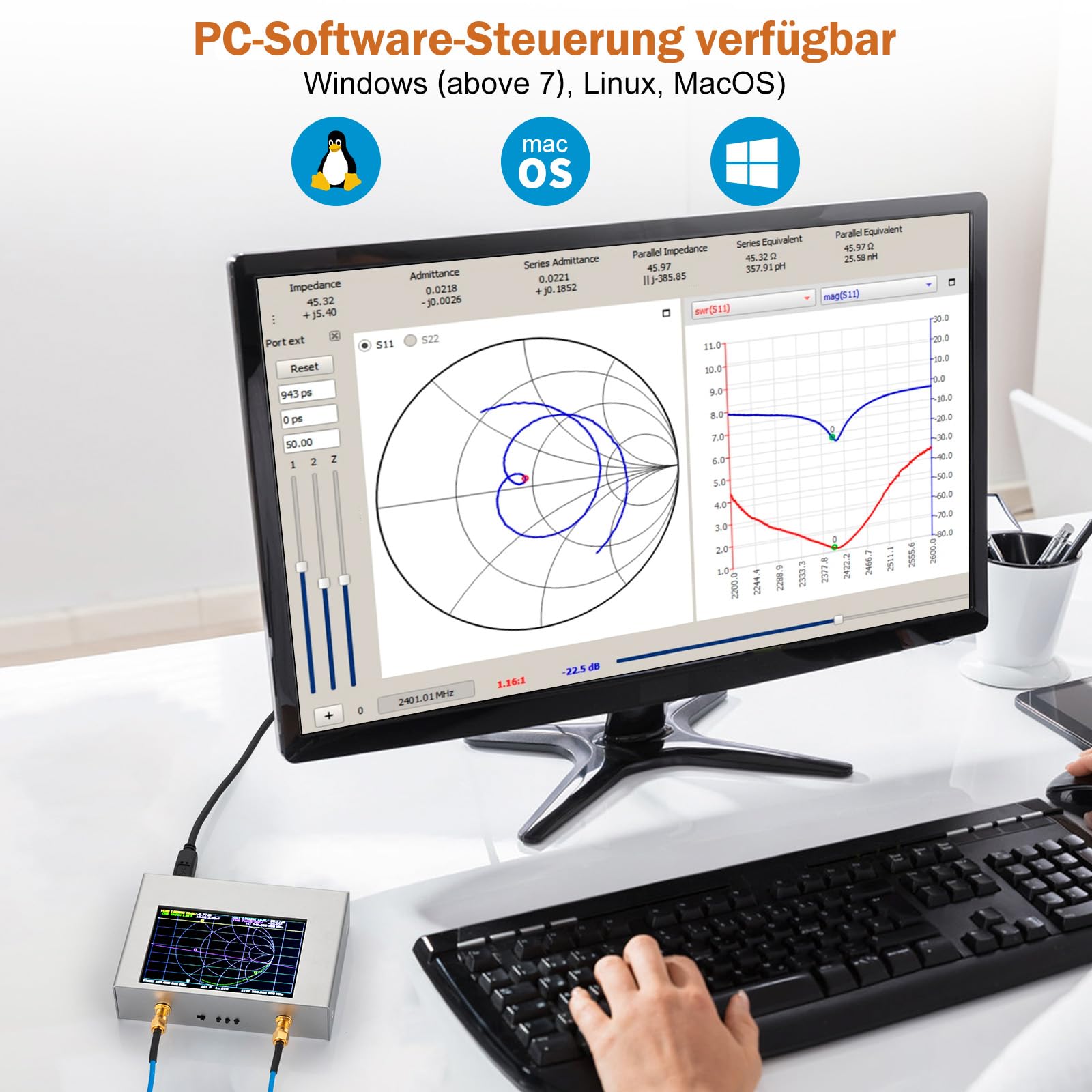 AURSINC NanoVNA V2 PLUS4 Vektor-Netzwerkanalysator, 4-Zoll 50kHz–4,4GHz HF/VHF/UHF Antennenanalysator, Messung von S-Parametern, SWR, Phase, Smith-Diagramm, mit 3200 mAh-Akku