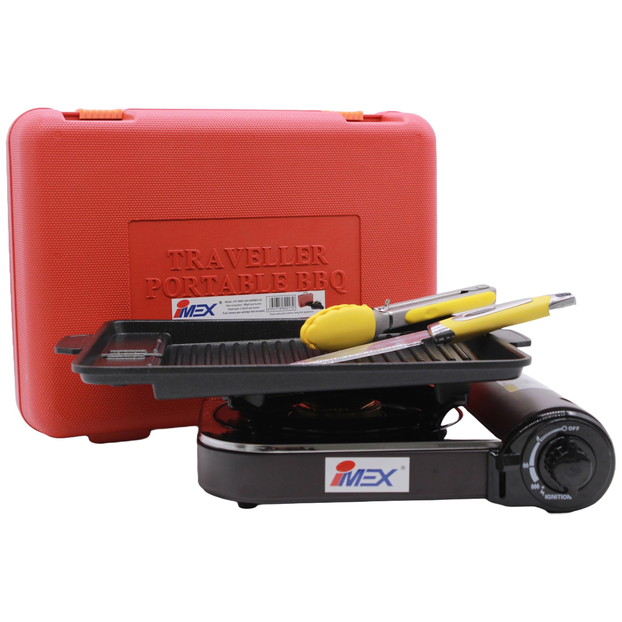IMEX JYP-300E tragbarer Campingkocher, Gaskocher und Gasgrill, 5-teiliges Set mit Grillschale, Grillzange, Messer und Tragekoffer, Edelstahl, Piezo-Zündung
