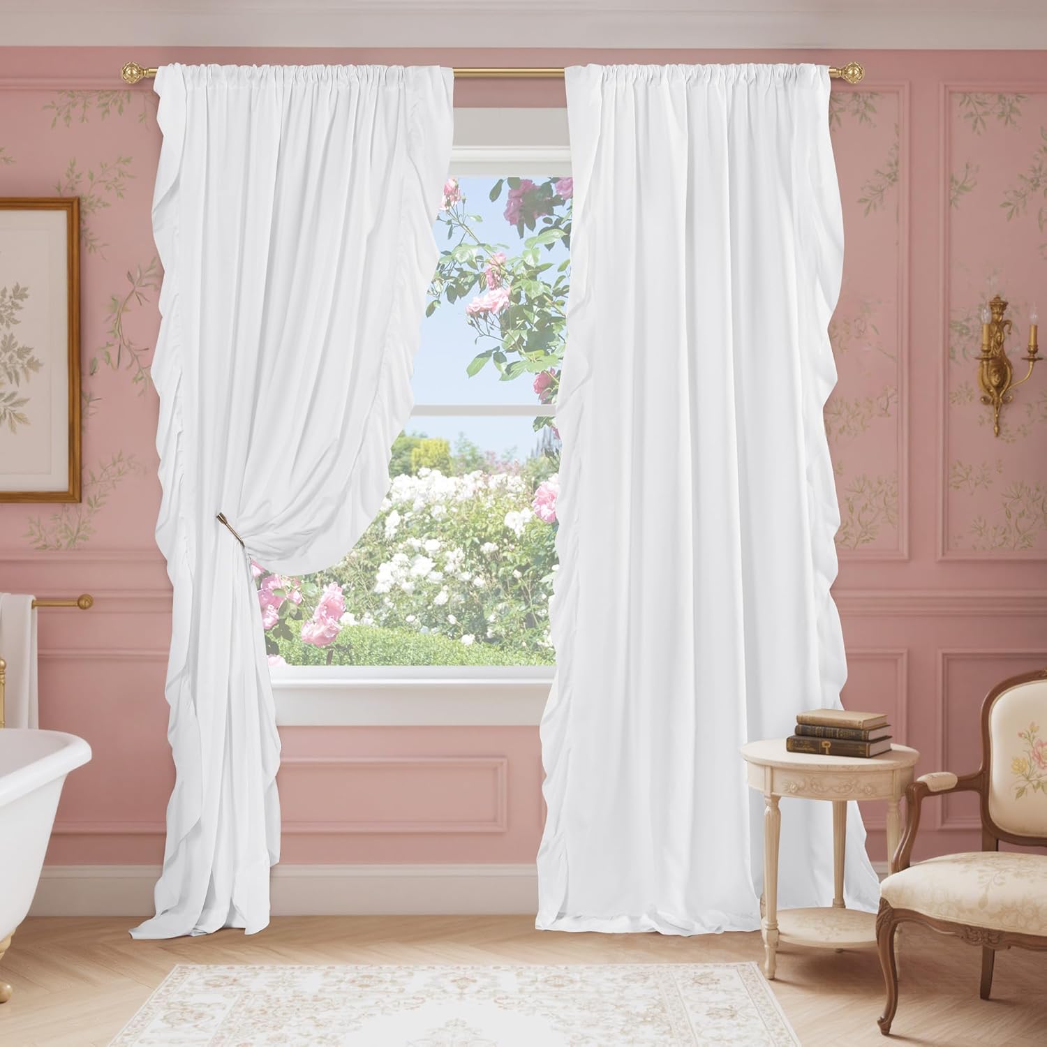 NICETOWN White Shabby Chic 108 inch Curtains for Girls Room, Rod Pocket Privacy with Soft Light Filtering Romantic Flowy Drapes for Living Room/Bedroom, W52 x L108, 2 Panels