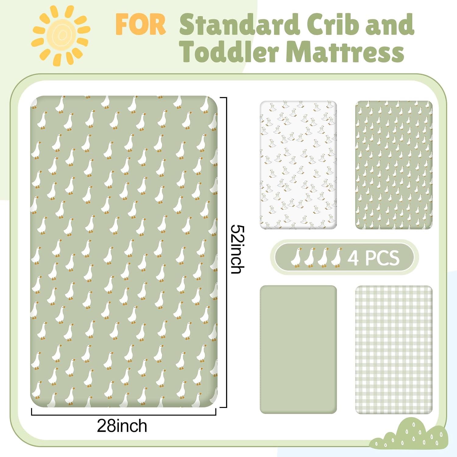 SmoothNovelty 4 Pack Silly Goose Crib Fitted Sheet for Boys Girls – 52″ x 28″ Fitted Baby Sheet with Goose and Gingham Style for Standard Mattress Gift Set, Microfiber & Soft Breathable(Green)