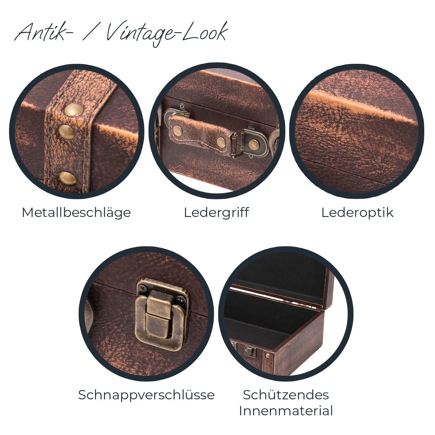 HMF Vintage Deko Koffer aus Holz, Aufbewahrungsbox mit Deckel und Ledergriff, stilvolle Aufbewahrung und Geschenkidee für Hochzeit oder Geburtstag | Klassik | 38 x 26 x 13 cm