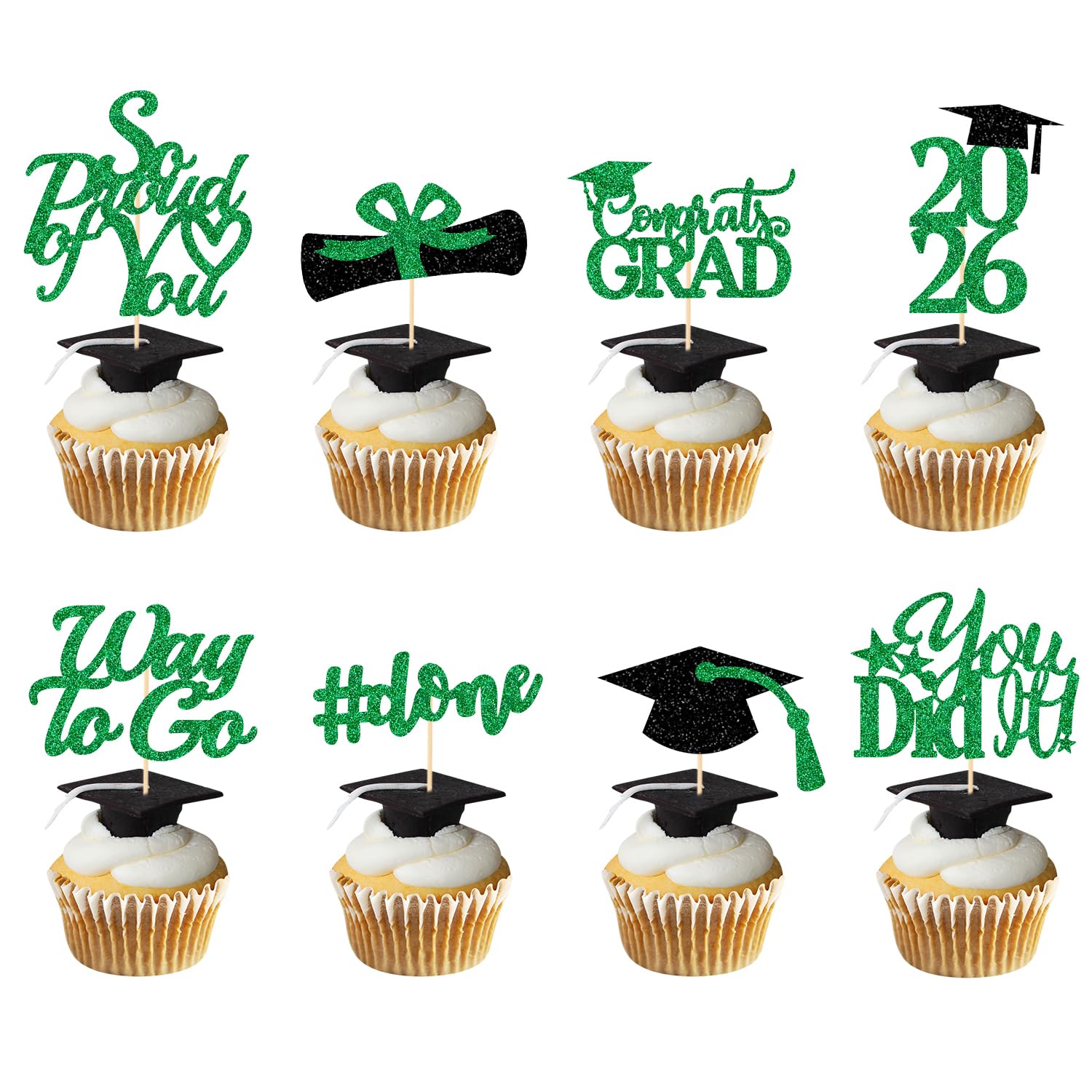 Graduation Decorations 2026 Green, Graduation Cupcake Toppers 2026 Green Black, Glitter Class of 2026 Cupcake Toppers Supplies, Class of 2026 Congrats