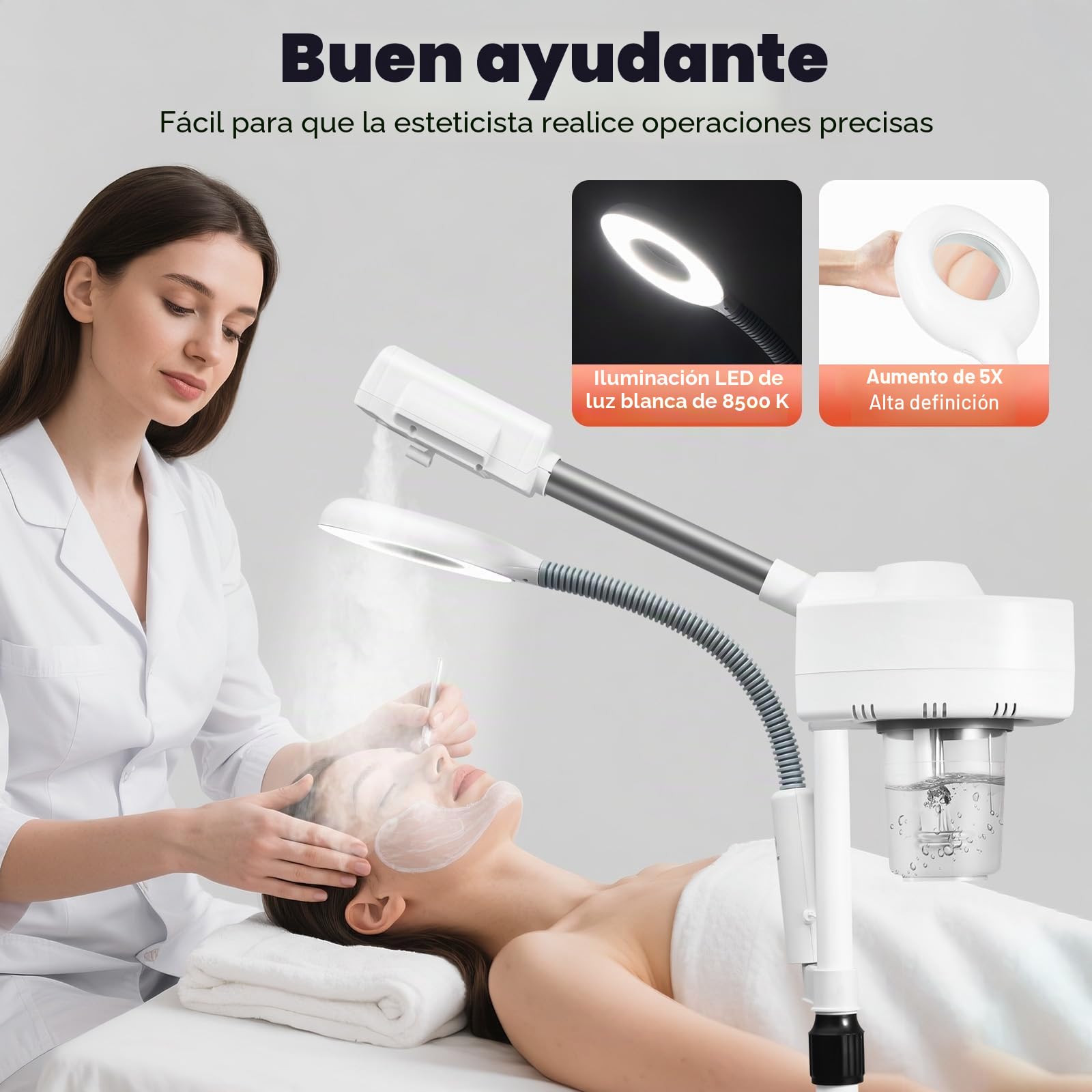 750 W Vapozone Vapor Facial 2 en 1 Vapor Cara con Luz LED Estética Profesional Ajustable en Altura Boquilla Giratoria 360 ° Adecuado para Salón de Belleza y Casa