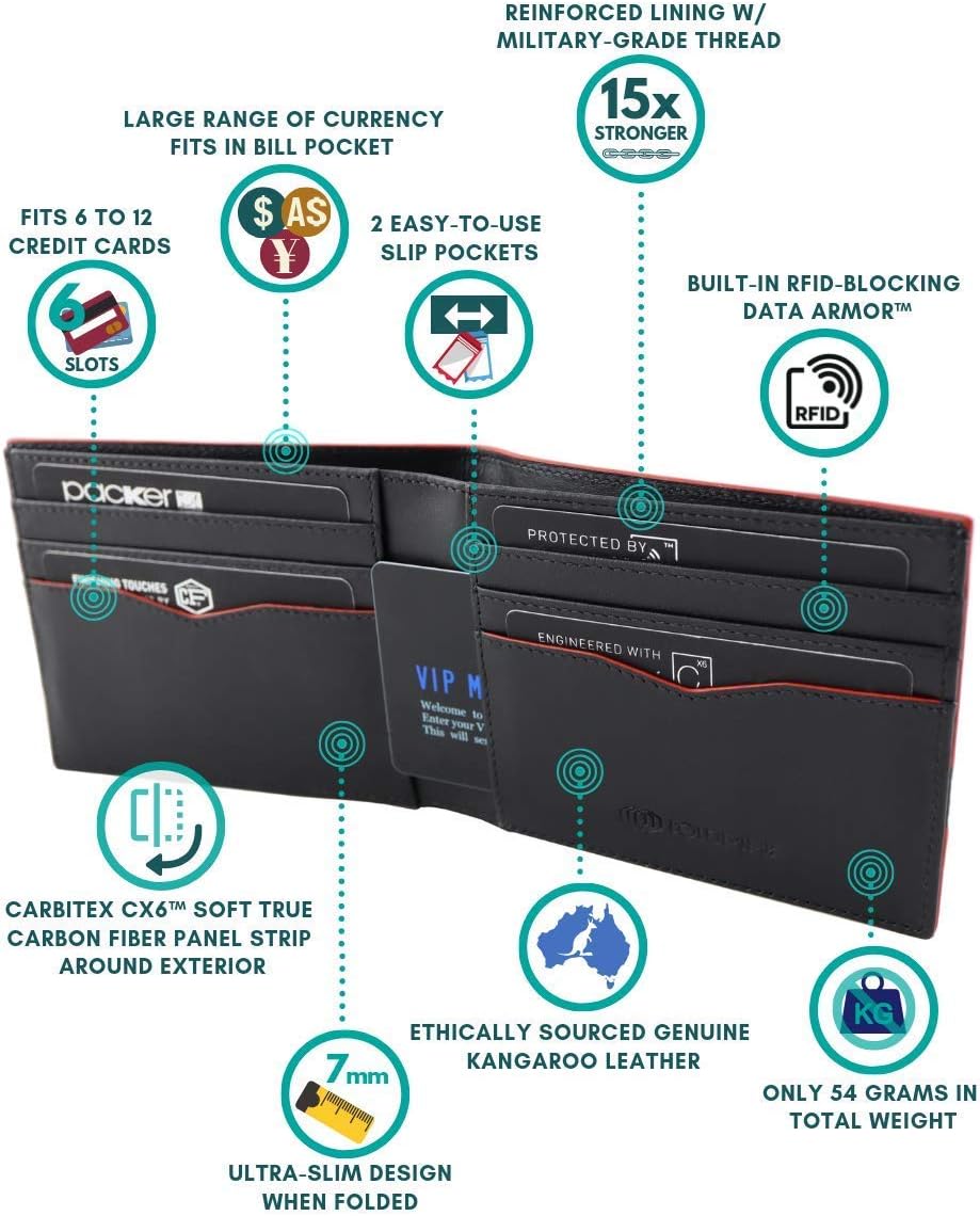 ColdFire Slim Wallet - 6 Credit Card Slots - Graphite with Red Accent - Genuine K- Leather - Minimalist Bifold Cash Card Holder - RFID Blocking