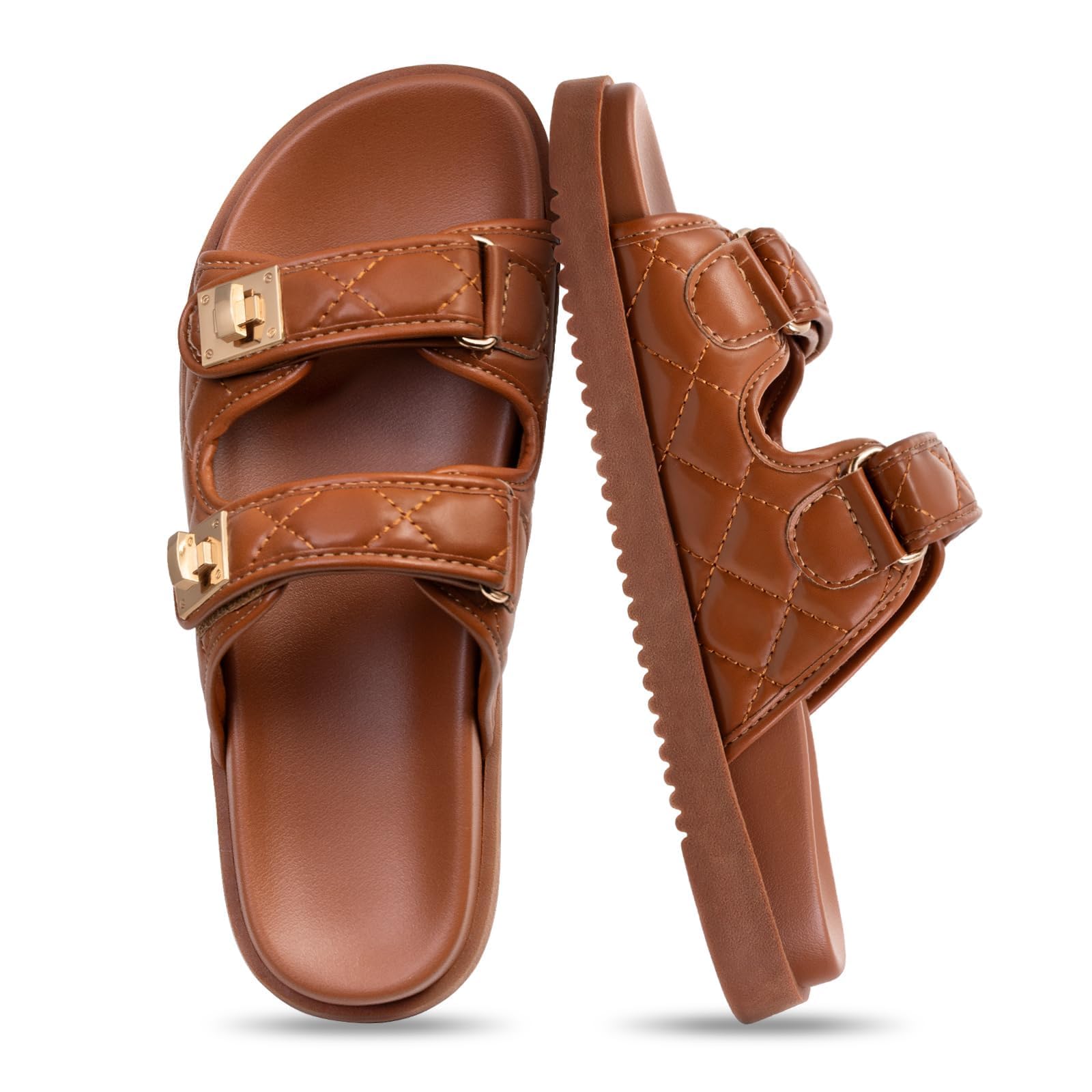 FITORY Women's Flat Sandals Classic Adjustable Double Strap with Cushioned Footbed for Summer Size 6-11