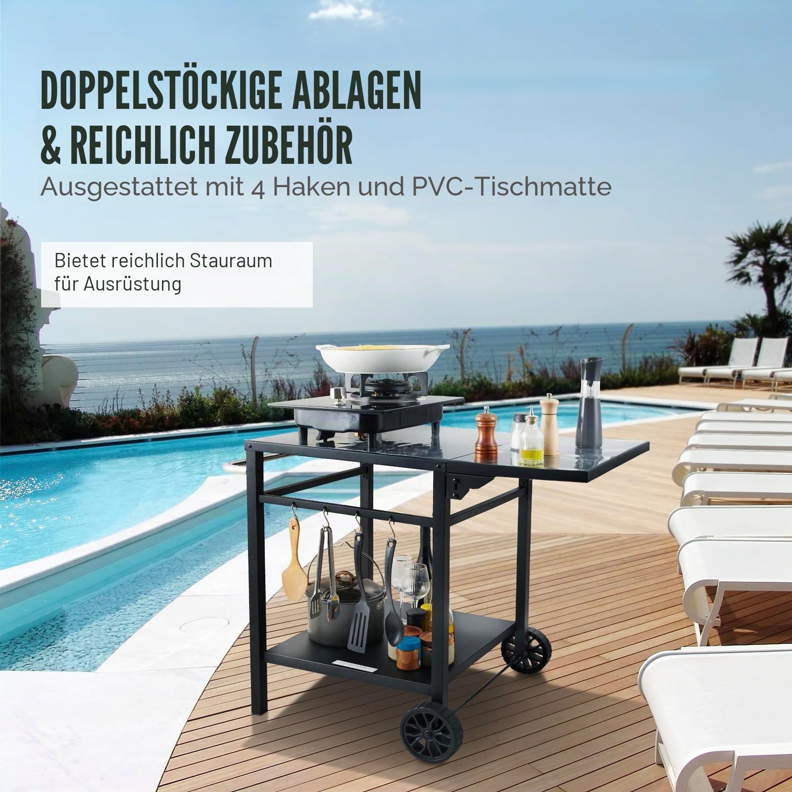 VEVOR Grillwagen Küchenwagen 97,2 x 64 x 75,5 cm Outdoor Servierwagen mit Doppelter Ablage, Beweglicher Grilltisch für die Zubereitung von Speisen, Multifunktionale Tischplatte aus Eisen Schwarz