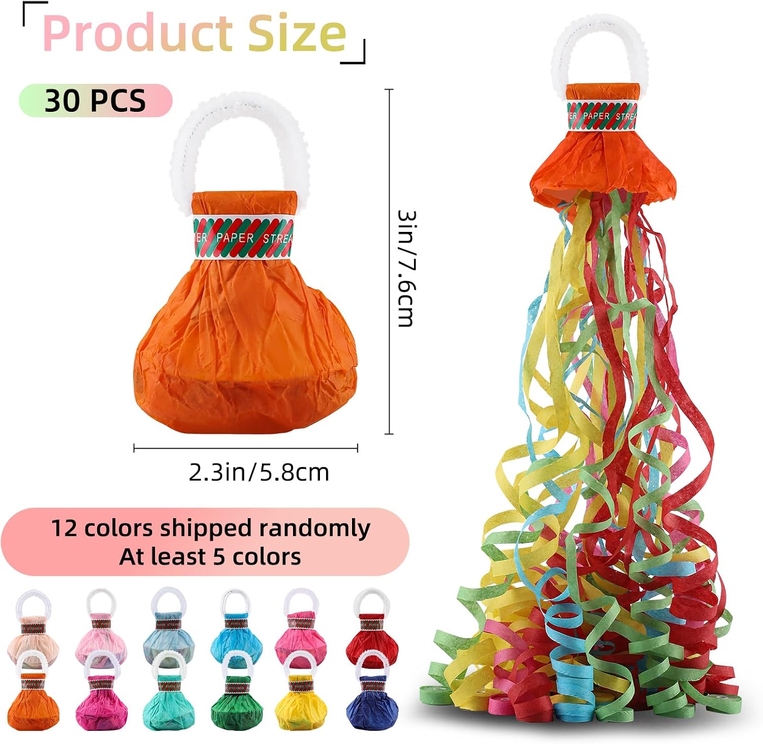 30 Pack Streamers Poppers, Colorful No Mess Confetti Poppers, Hand Throw Party Poppers, Magic Paper Crackers for Birthday Wedding Celebrations School Opening Graduation