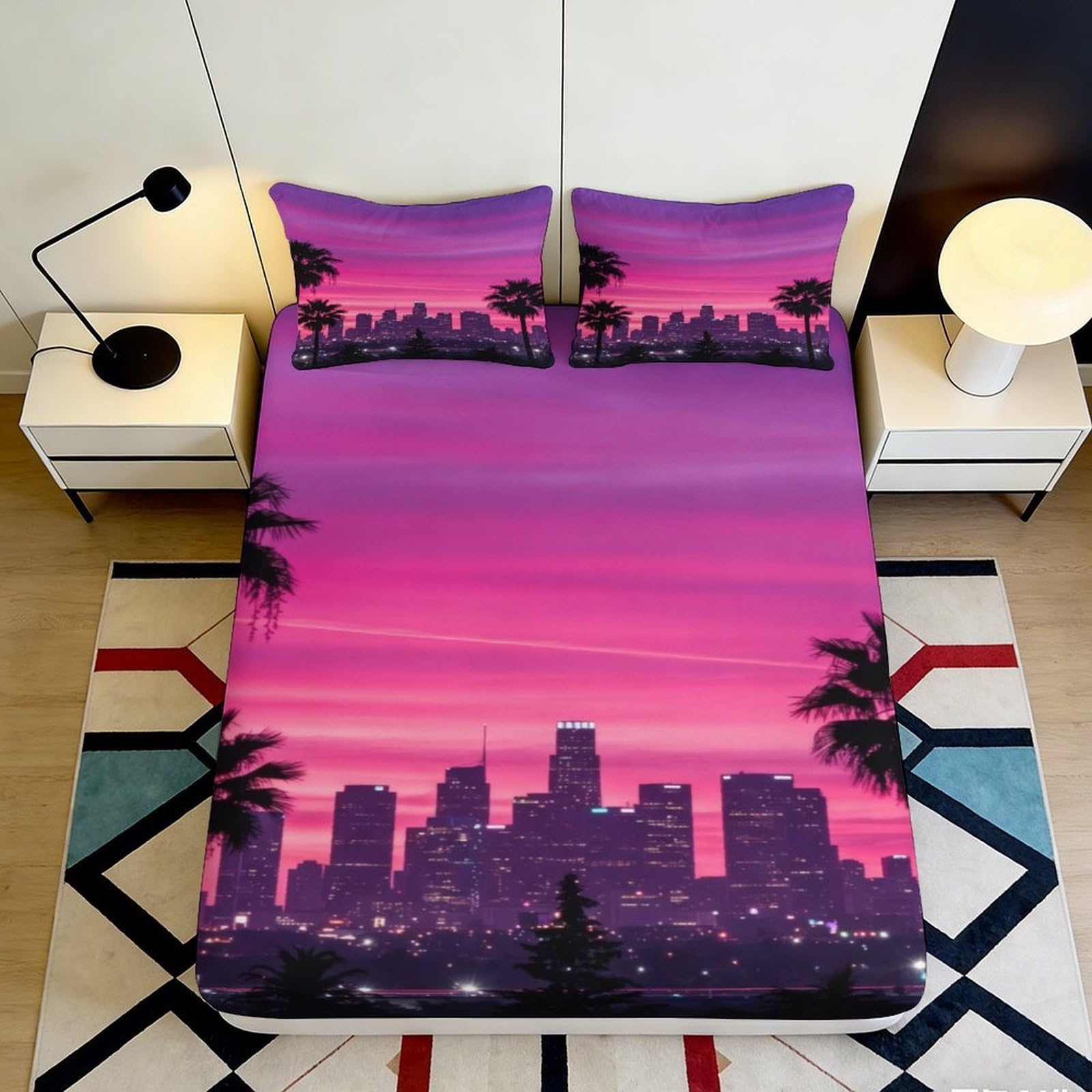 3D Printed Sunset Cityscape Fitted Sheet Microfiber Soft Palm Silhouette Bed Cover for Bedroom Guest Room Mattress Protection 90x200x25cm