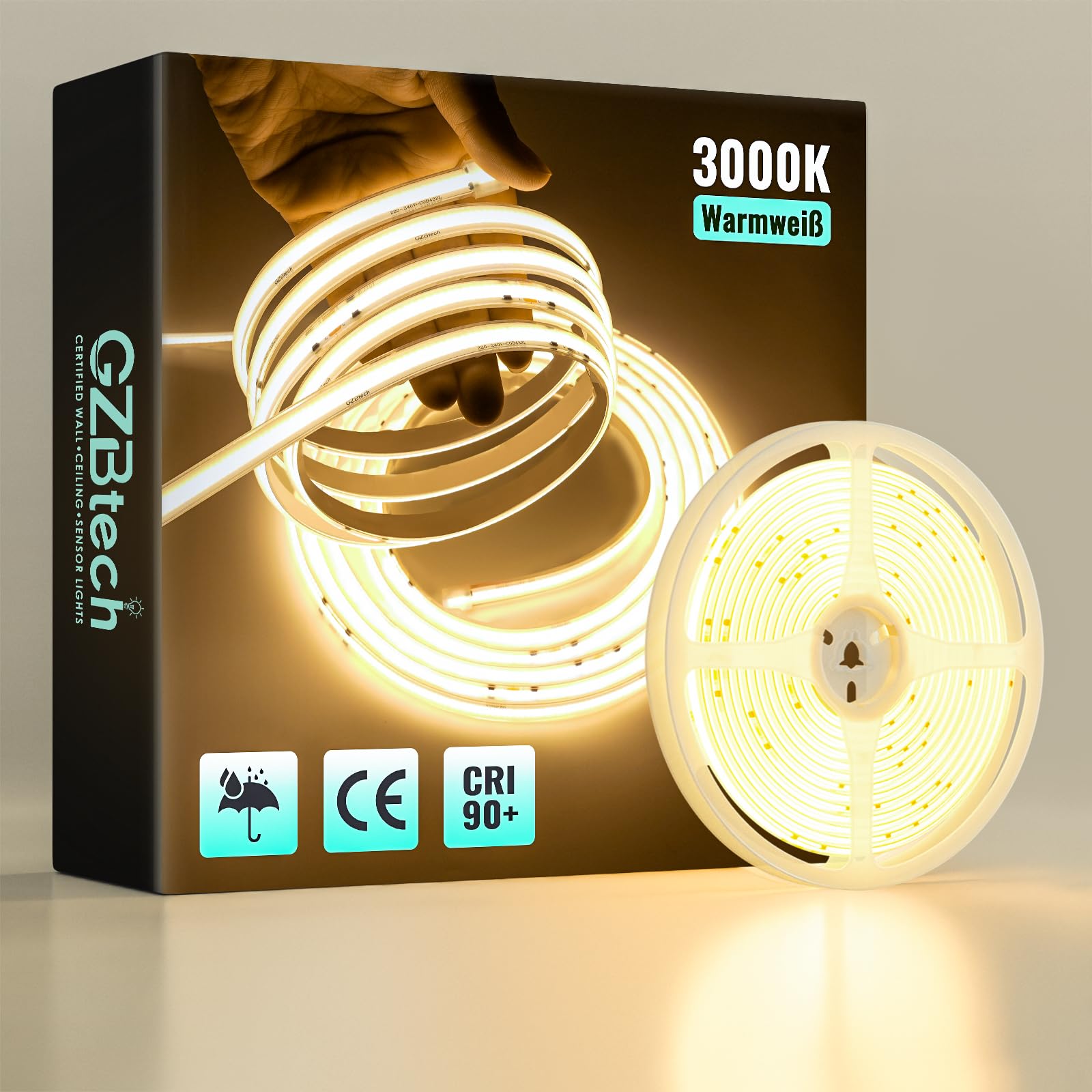 GZBtech 230V COB LED Streifen 5m 3000K warmweiß, CRI90+ selbstklebend silikon Lichtband, 1000lm/m Aussenbereich strip light für TV Hintergrundbeleuchtung schrank beleuchtung Schlafzimmer, CE-Listed