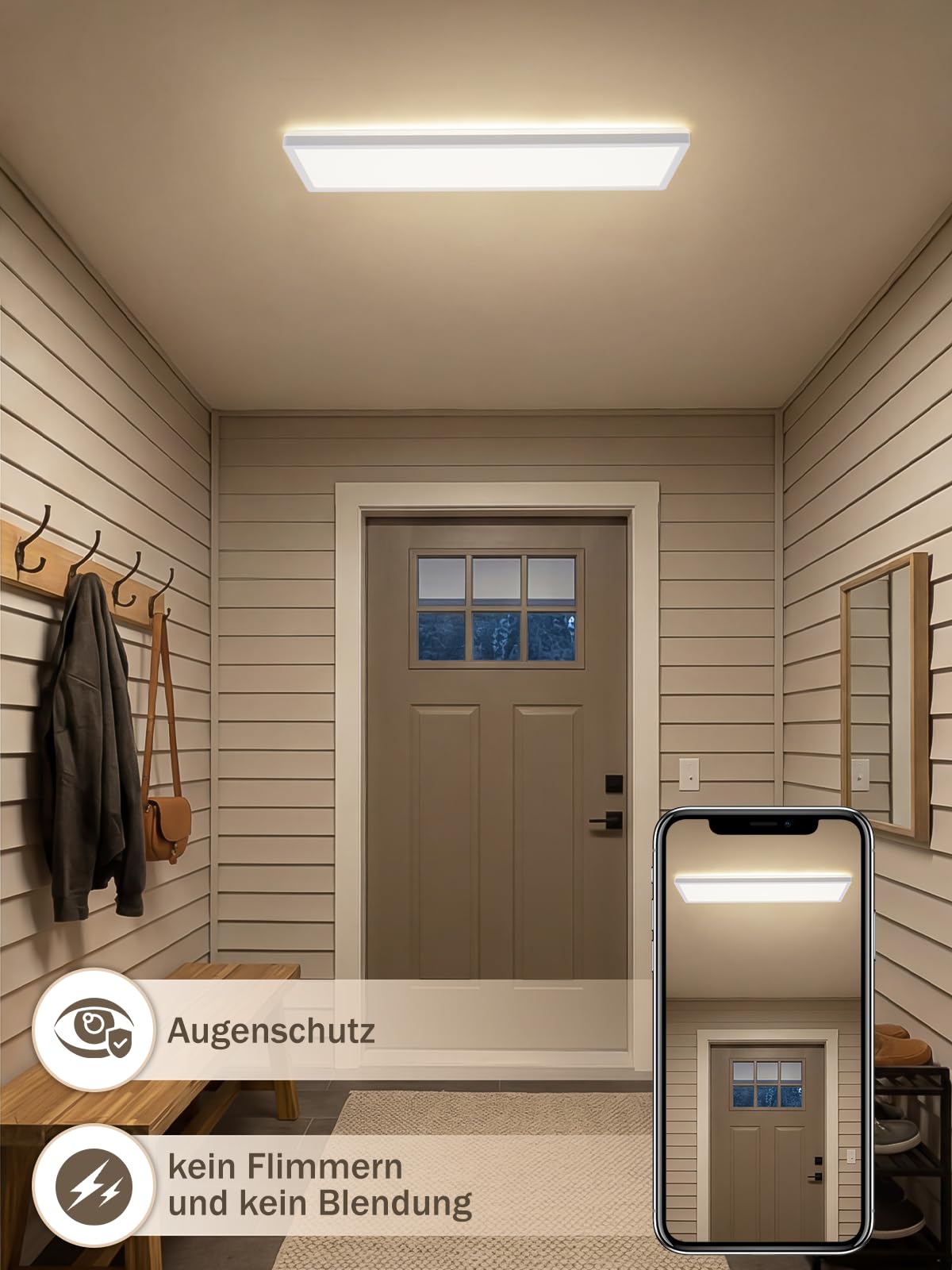 CBJKTX LED-Deckenlampe mit Bewegungsmelder 24 W 3600 lm 4000 K | Radar-Bewegungsmelder und Dämmerungssensor 120°-Erfassungswinkel für Flur Badezimmer Garage 58 x 20 cm (rechteck)