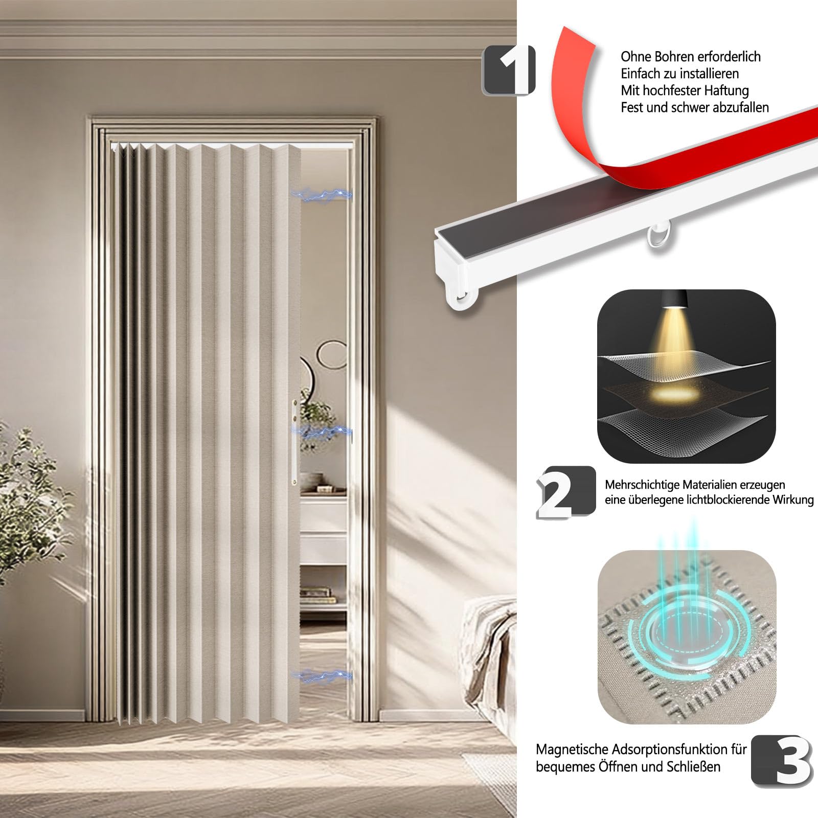 Jilron 100% cortina opaca para puerta – Estilo acordeón plegable con cierre magnético, montaje adhesivo sin necesidad de taladrar, incluye barra adhesiva, oscurecimiento y protección contra el viento