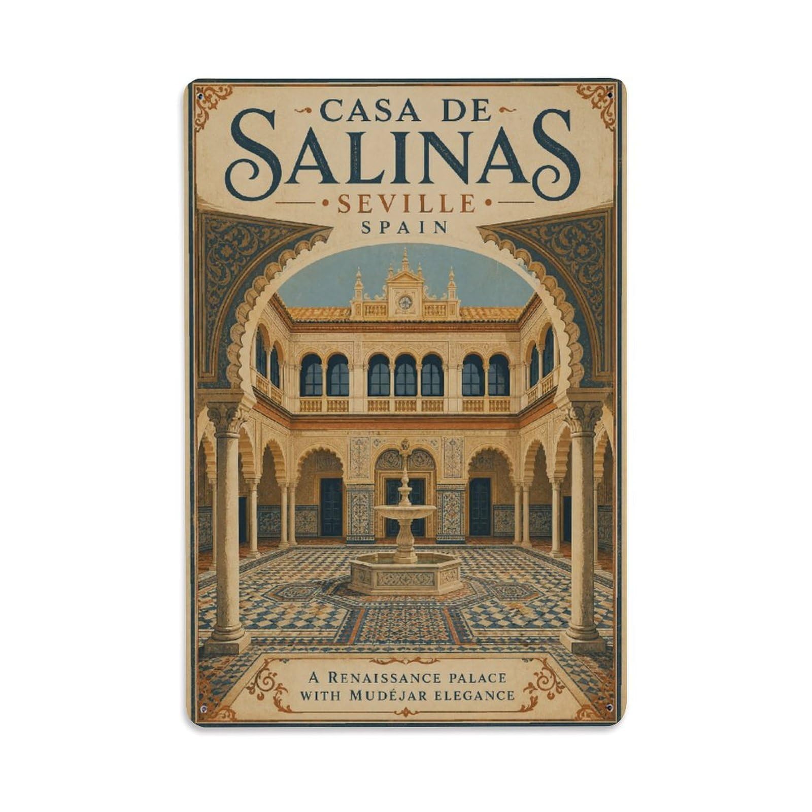 Vintage Travel Casa Salinas Seville Palace Courtyard Metal Tin Sign
