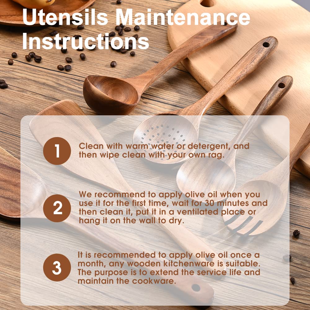 Lot de 10 ustensiles de cuisine en bois de teck naturel avec porte-serviettes, cuillères et spatules