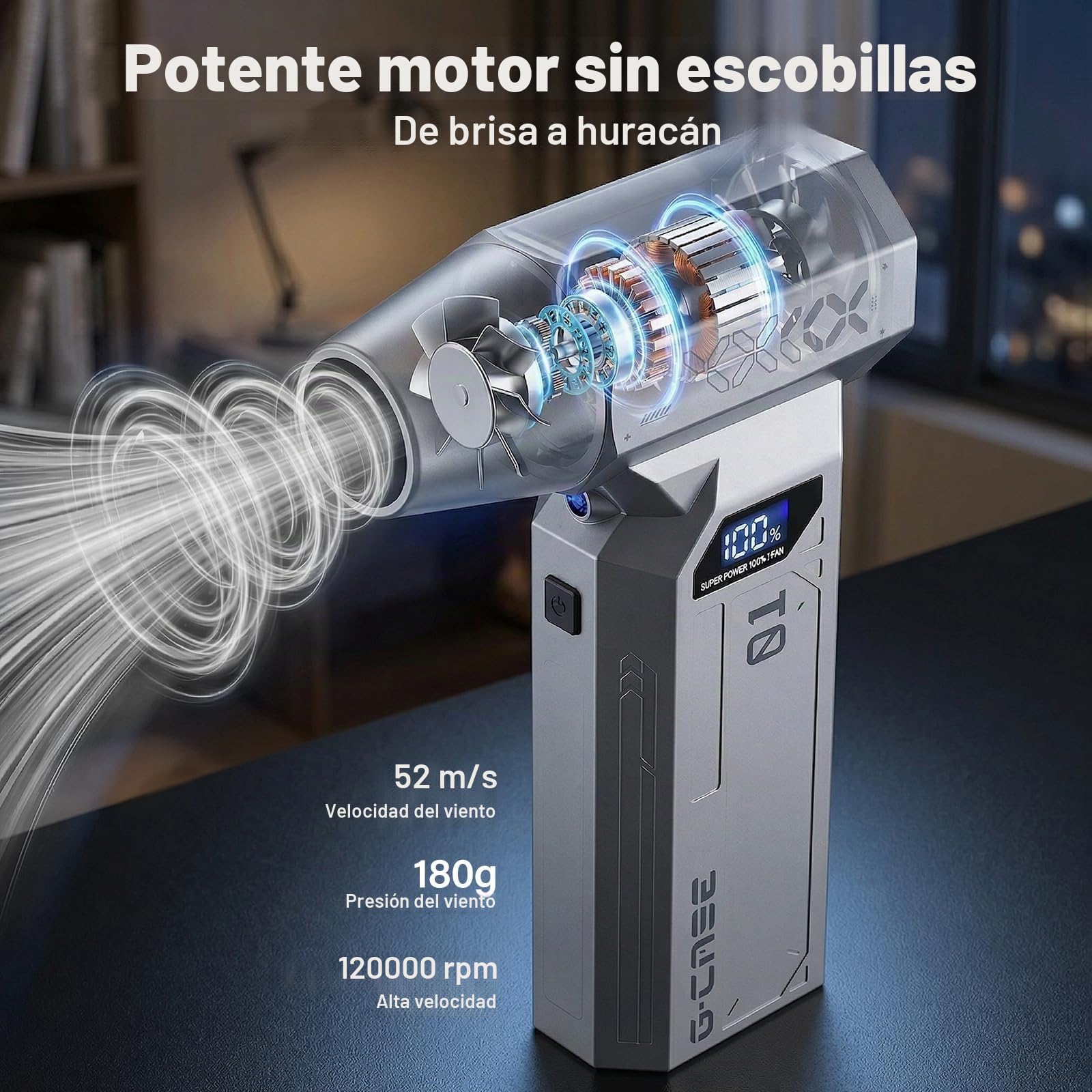Soplador de Aire Comprimido PC, Soplador de Polvo Inalámbrico Portátil Recargable con luz, Air Duster Eléctrico 4 Velocidades para PC, Hogar, Coche y Exterior con 4 Boquillas (Plateado Gris)