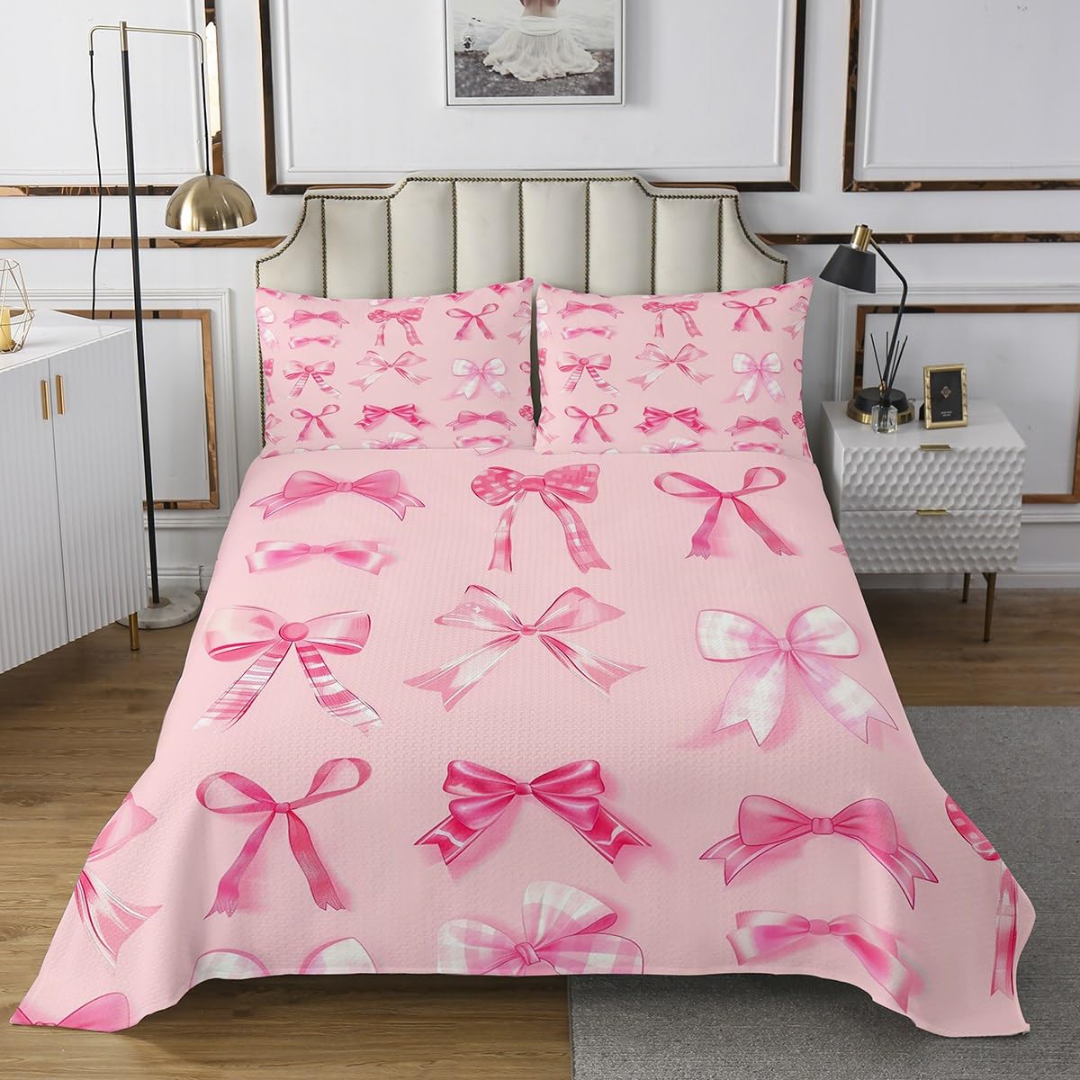 jejeloiu Watercolor Bow Bedspread Twin Size Kids Bow Quilted Coverlet for Boys Girls Teens Girls Bownot Coverlet Set Breathable Soft Lightweight Microfiber Cute Bowknot Room Decor Bed Cover