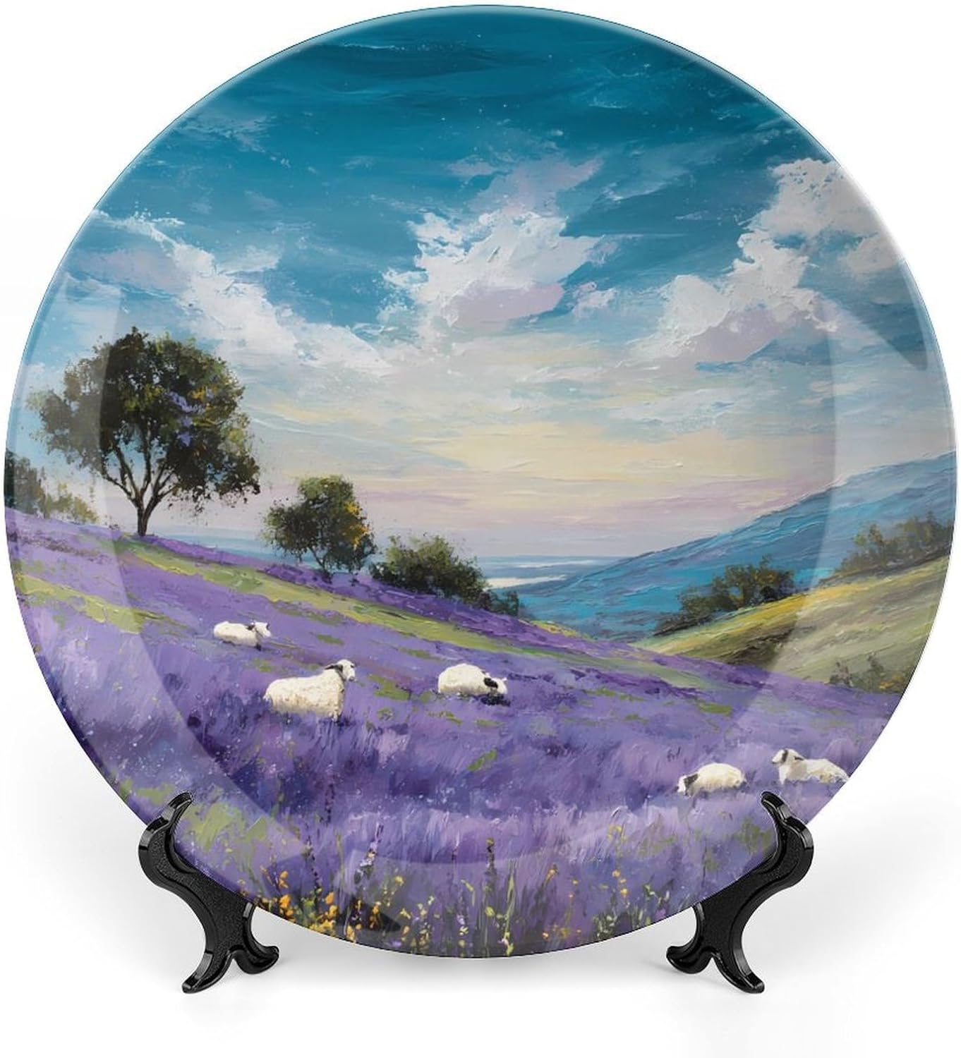 Sheep in Lavender Fields Decorative Plates for Display Ceramic Plate Tray with Stand Hanger Home Decor