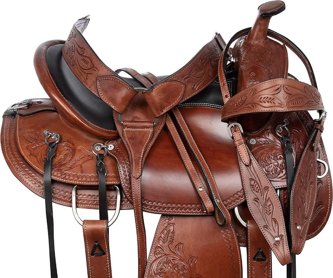Western Horse Sillín de piel Pleasure Trail Endurance Brown Falda redonda Tack Riding Set 10 pulgadas a 18 pulgadas ME-WLS-108