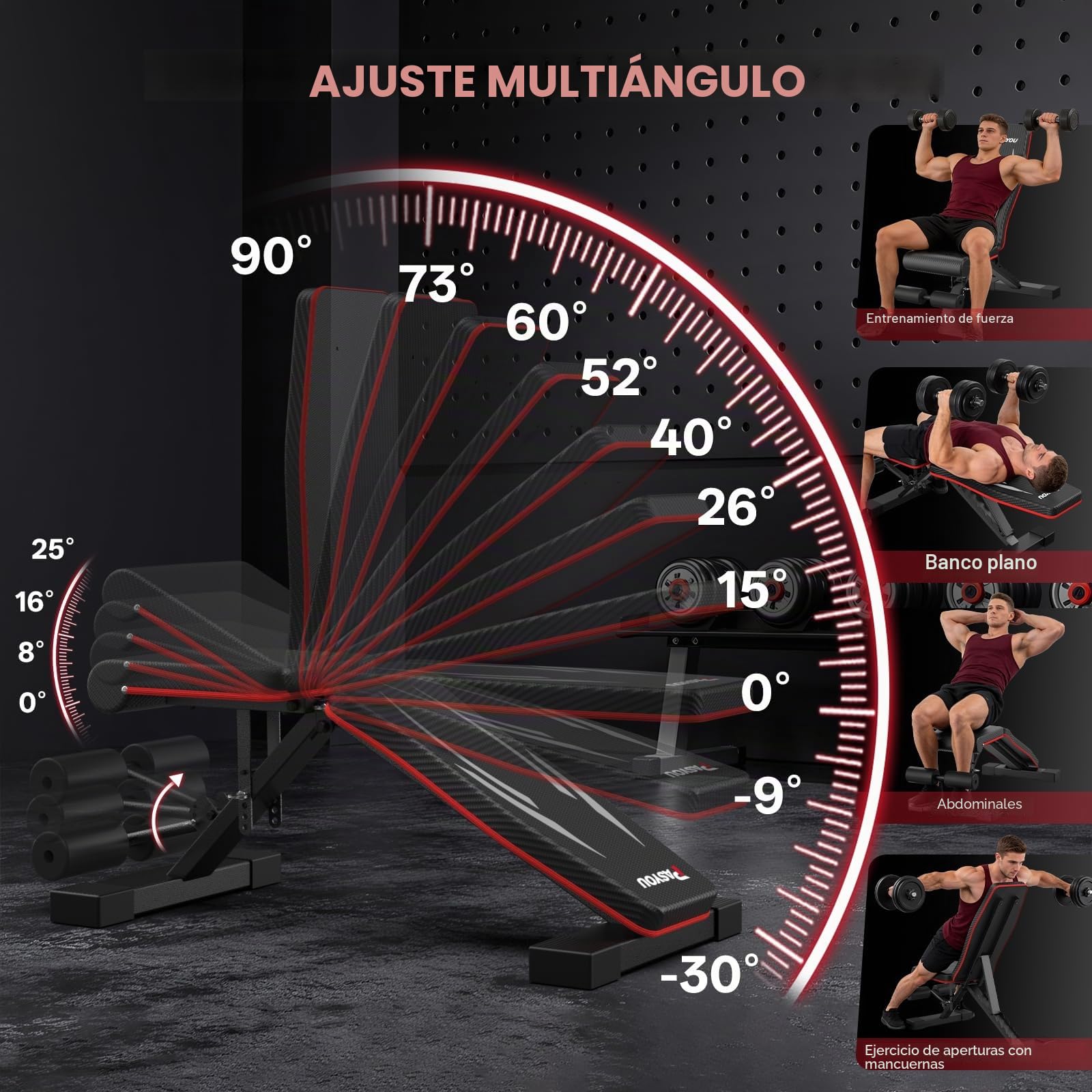 PASYOU Banco de Pesas Plegable, Carga 300kg, Banco de Fitness Ajustable Multifunción para Entrenamiento Cuerpo Completo, Banco Gimnasio con Asas para Casa y Gimnasio (PA350)